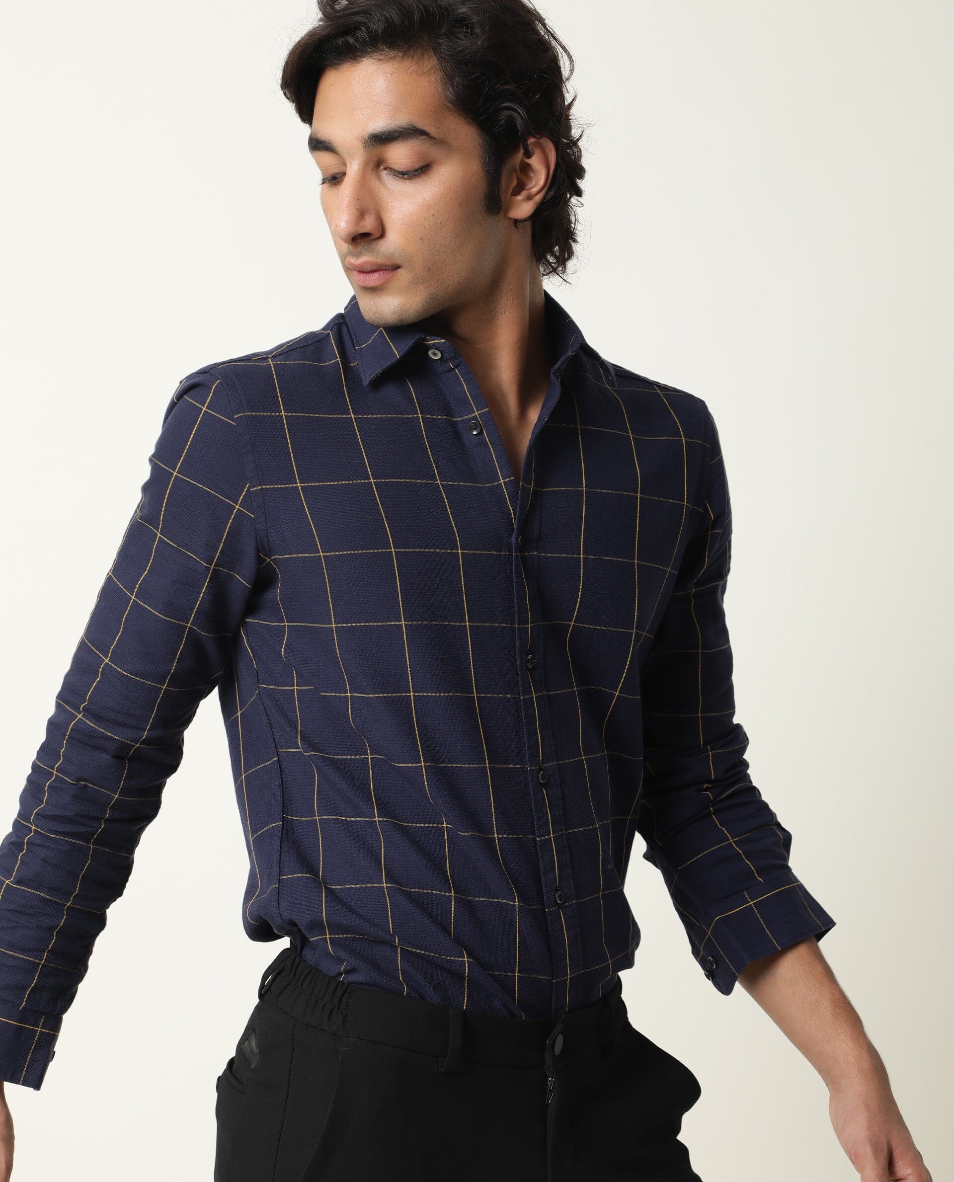 Rare Rabbit Men's Corneto Navy Cotton Checked Print Regular Fit Full Sleeve Collared Shirt - Image 6