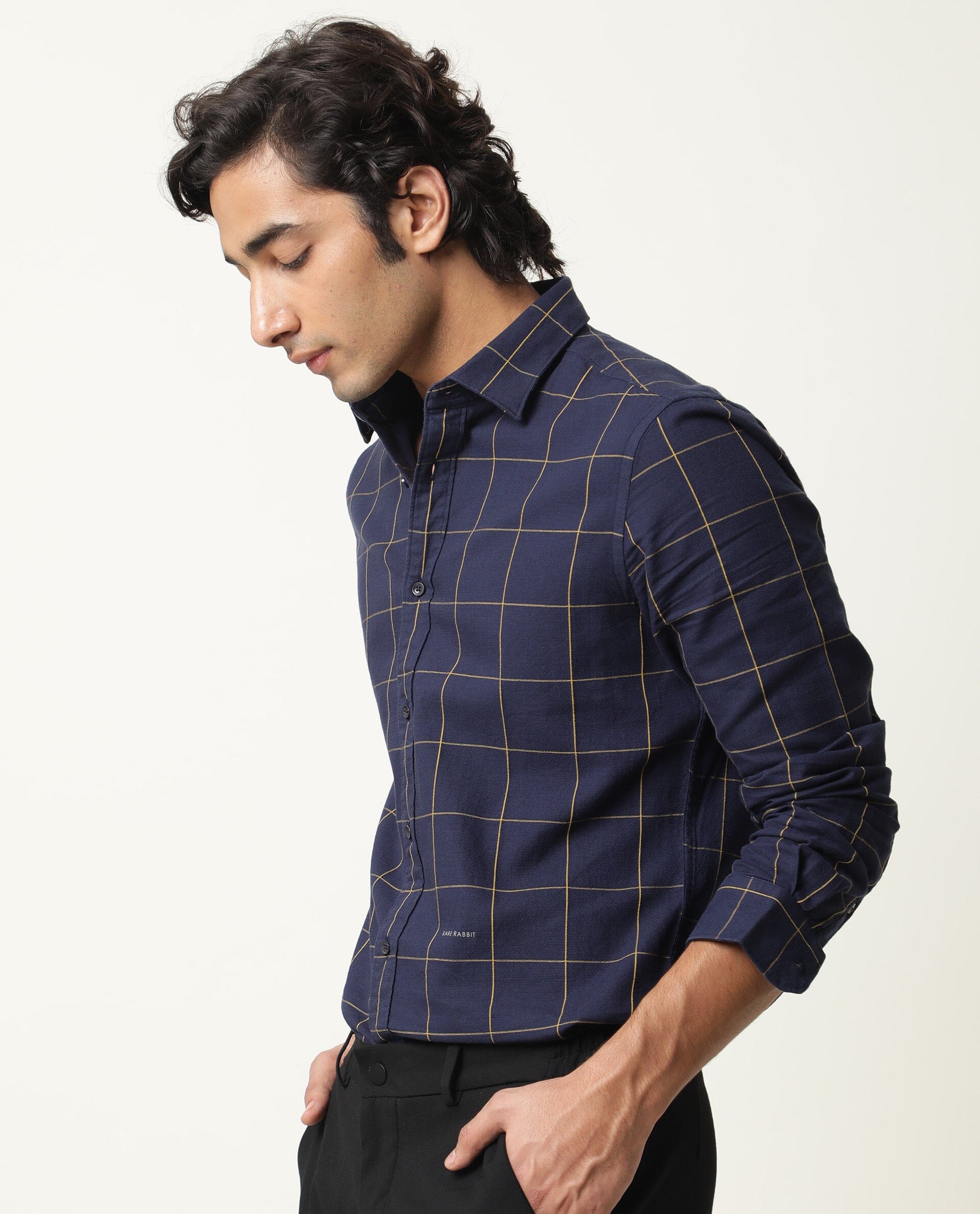 Rare Rabbit Men's Corneto Navy Cotton Checked Print Regular Fit Full Sleeve Collared Shirt - Image 7