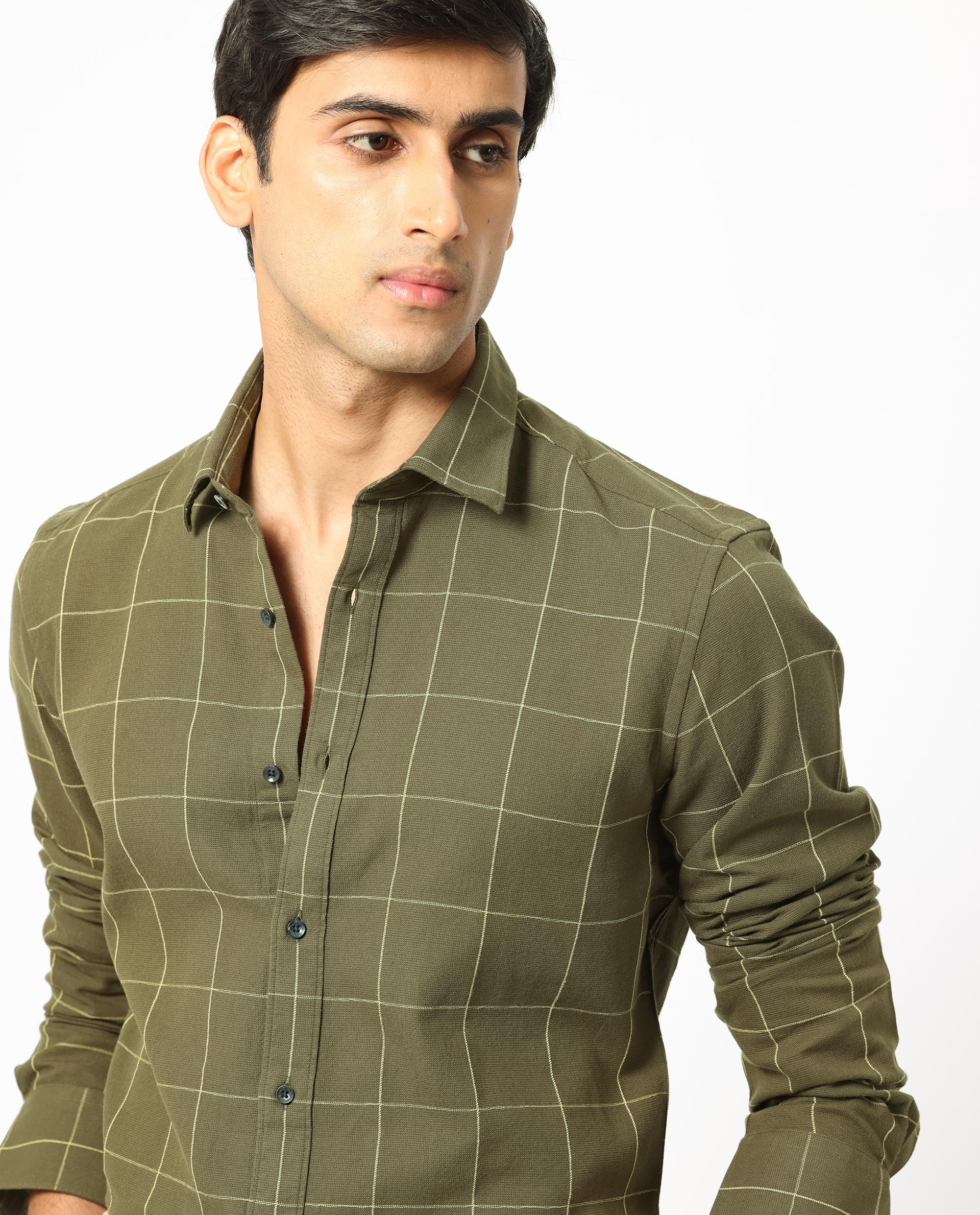Rare Rabbit Men's Corneto- Olive Cotton Checked Print Regular Fit Full Sleeve Collared Shirt