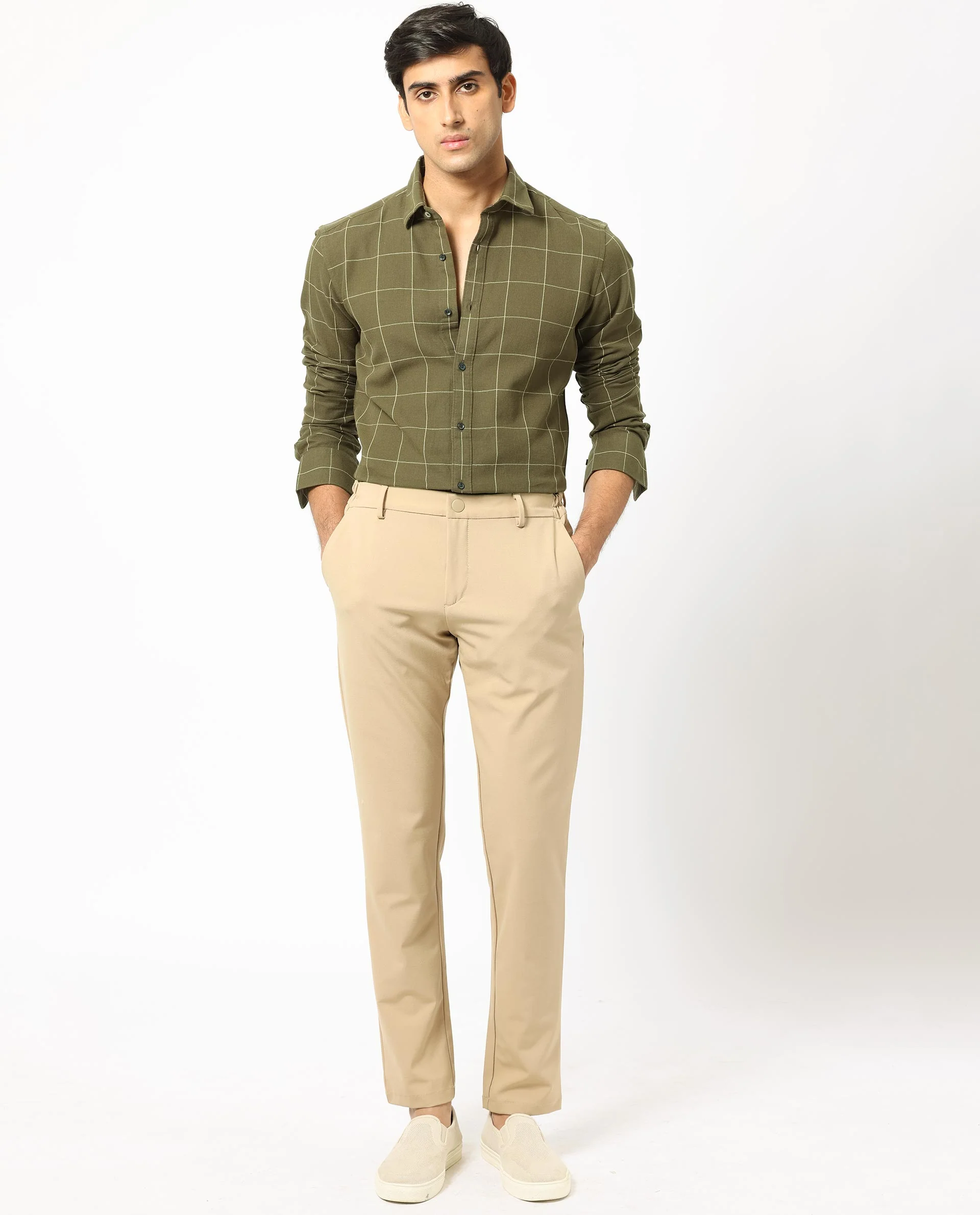 Rare Rabbit Men's Corneto- Olive Cotton Checked Print Regular Fit Full Sleeve Collared Shirt - Image 2