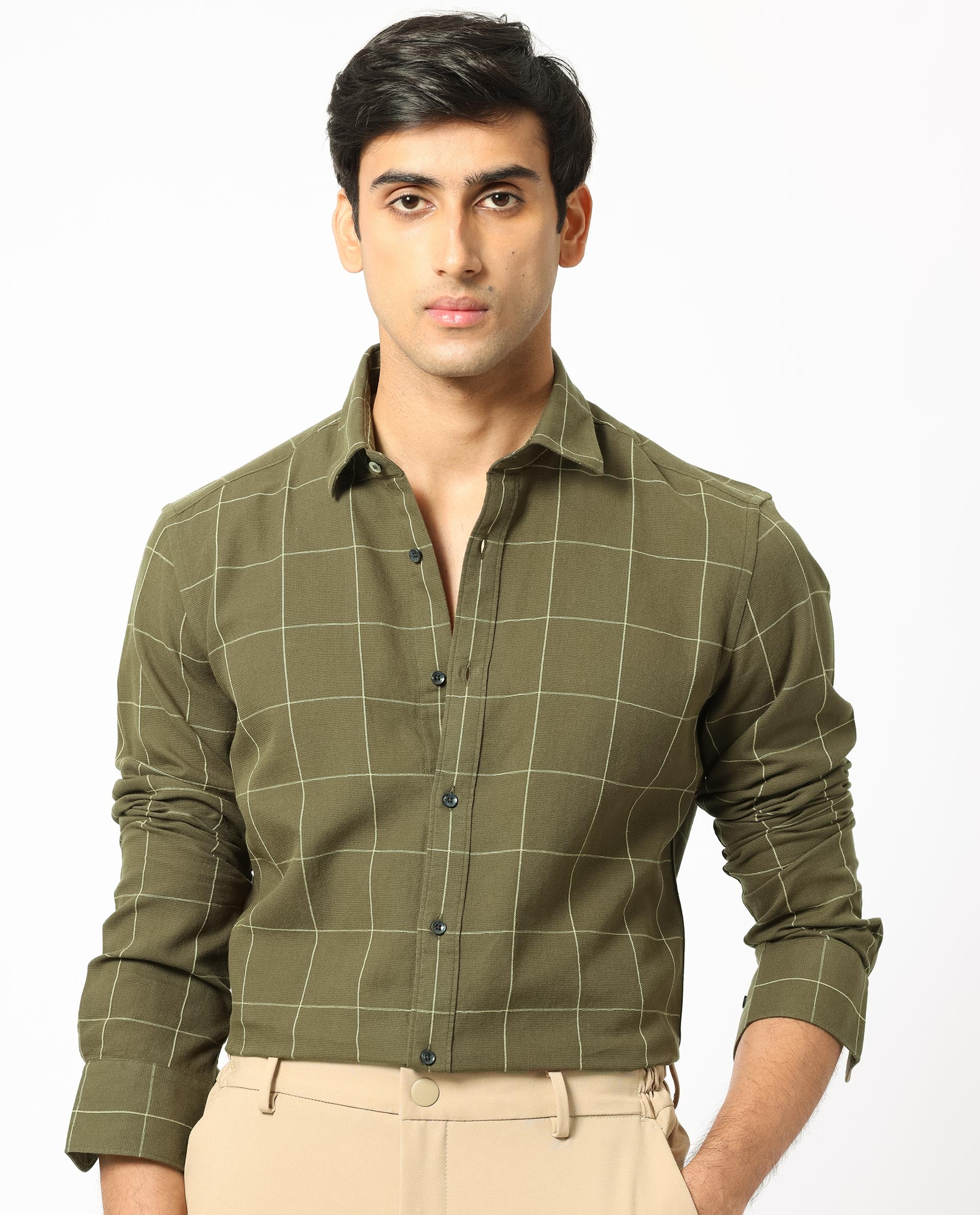 Rare Rabbit Men's Corneto- Olive Cotton Checked Print Regular Fit Full Sleeve Collared Shirt - Image 3