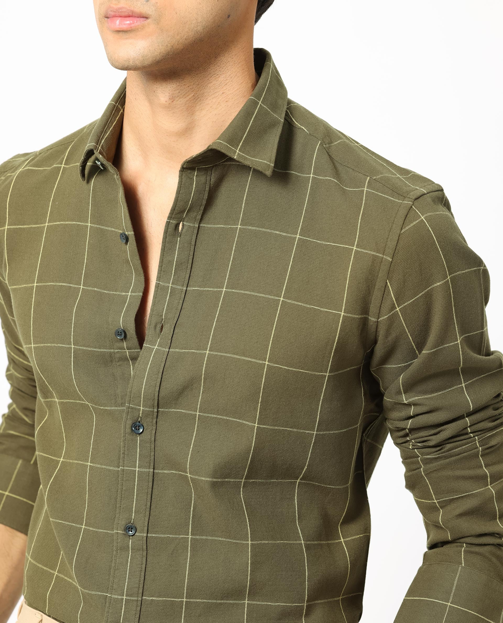 Rare Rabbit Men's Corneto- Olive Cotton Checked Print Regular Fit Full Sleeve Collared Shirt - Image 4