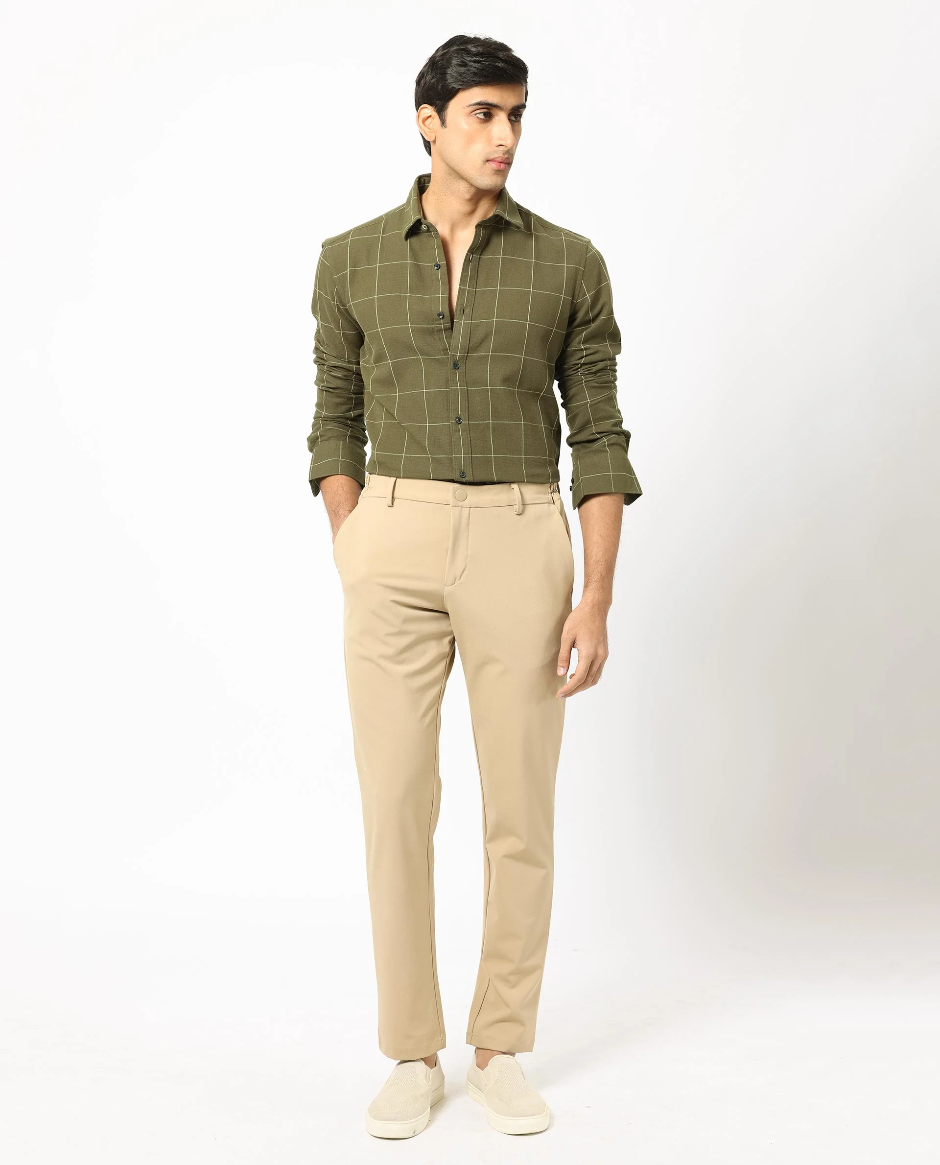 Rare Rabbit Men's Corneto- Olive Cotton Checked Print Regular Fit Full Sleeve Collared Shirt - Image 6