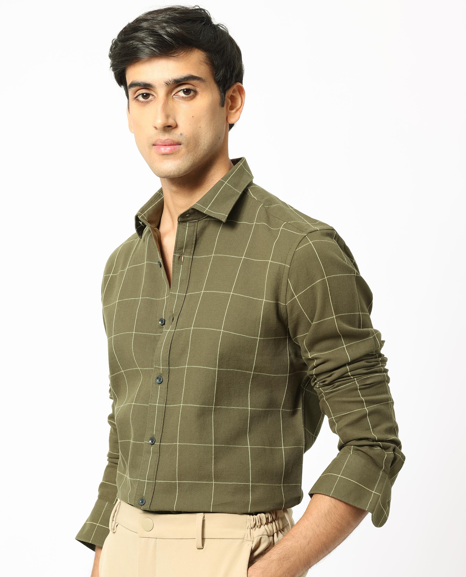 Rare Rabbit Men's Corneto- Olive Cotton Checked Print Regular Fit Full Sleeve Collared Shirt - Image 7