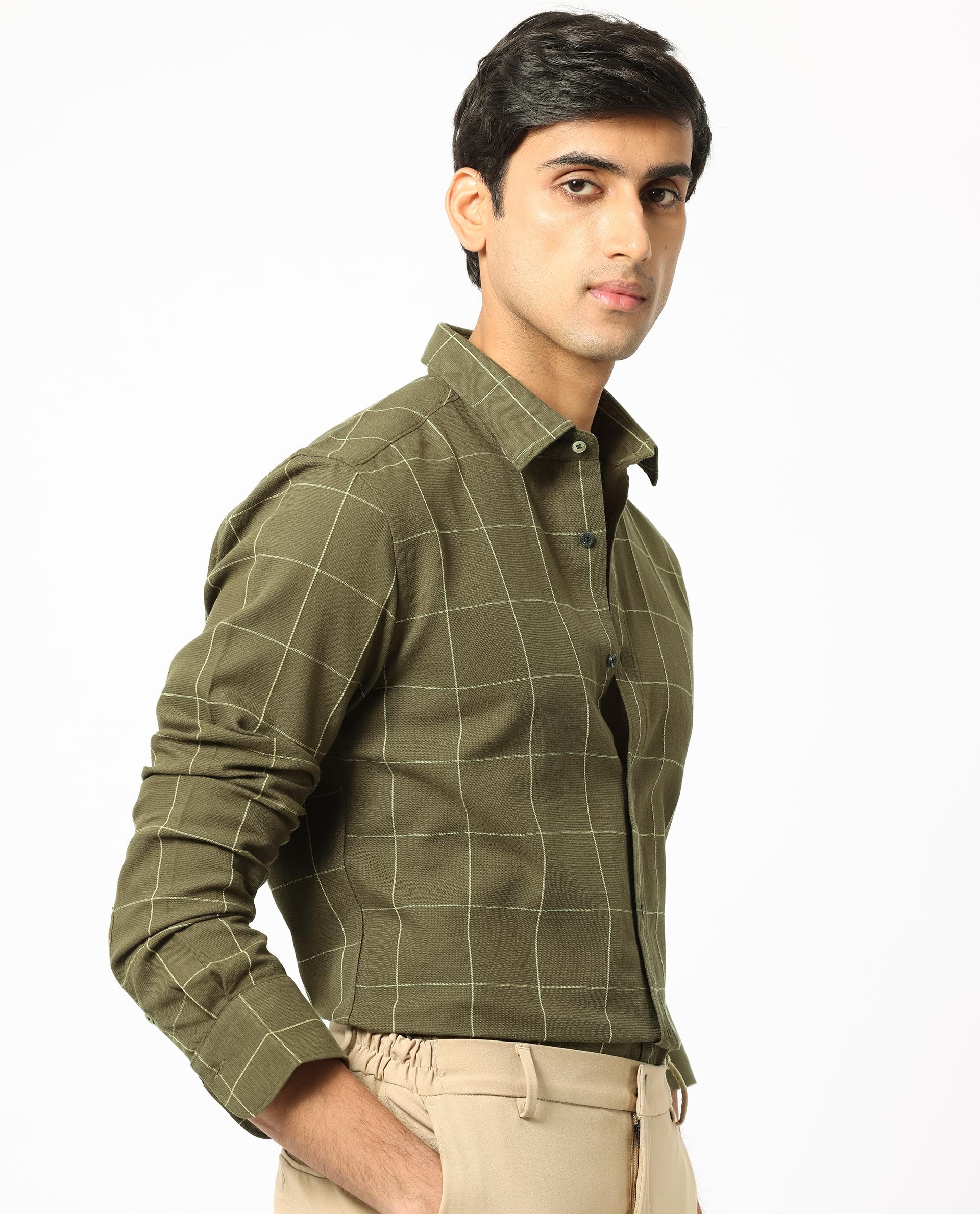 Rare Rabbit Men's Corneto- Olive Cotton Checked Print Regular Fit Full Sleeve Collared Shirt - Image 8