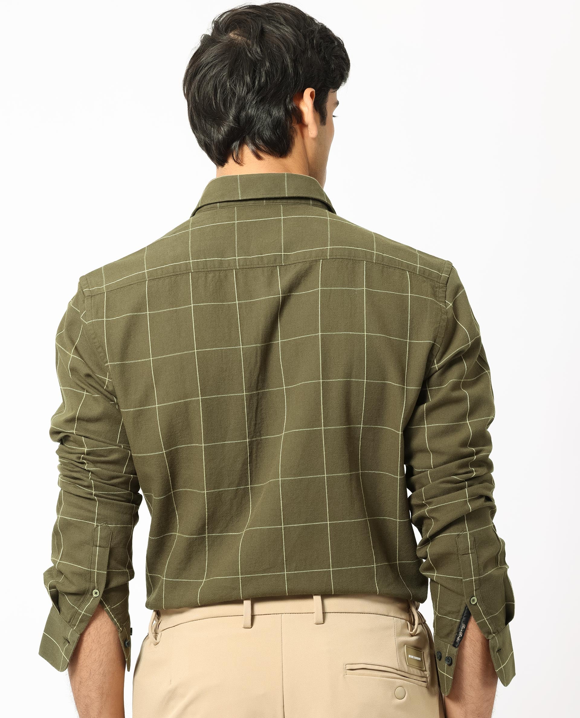 Rare Rabbit Men's Corneto- Olive Cotton Checked Print Regular Fit Full Sleeve Collared Shirt - Image 9