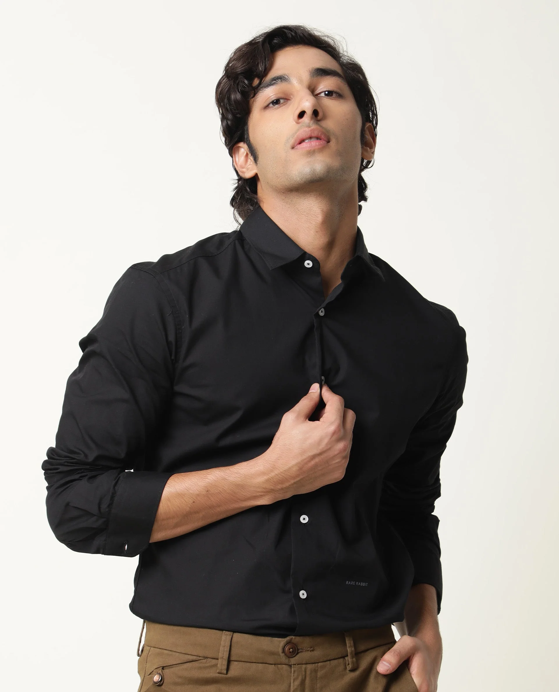 Rare Rabbit Men's Corp-Zander Black Cotton Plain Regular Fit Full Sleeve Spread Collar Shirt - Image 3