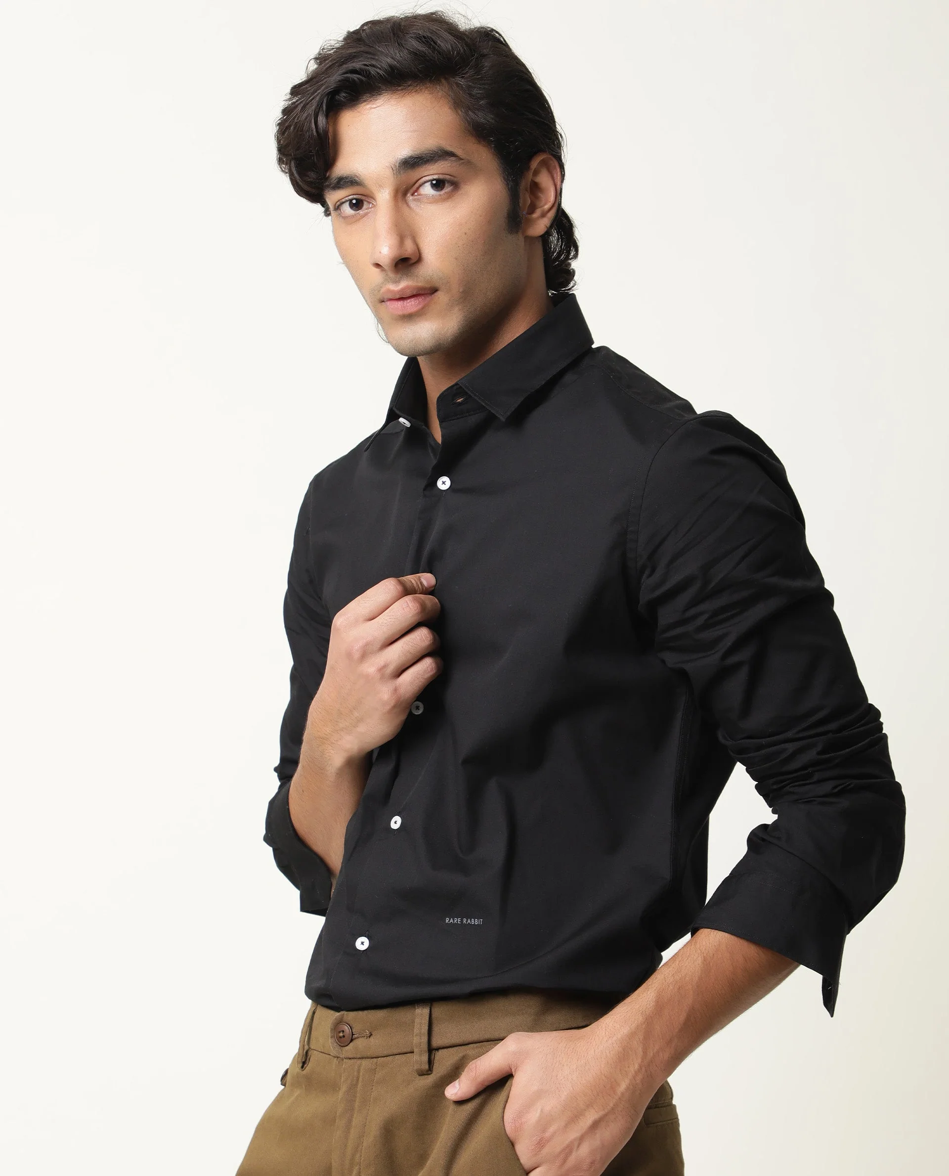 Rare Rabbit Men's Corp-Zander Black Cotton Plain Regular Fit Full Sleeve Spread Collar Shirt - Image 4
