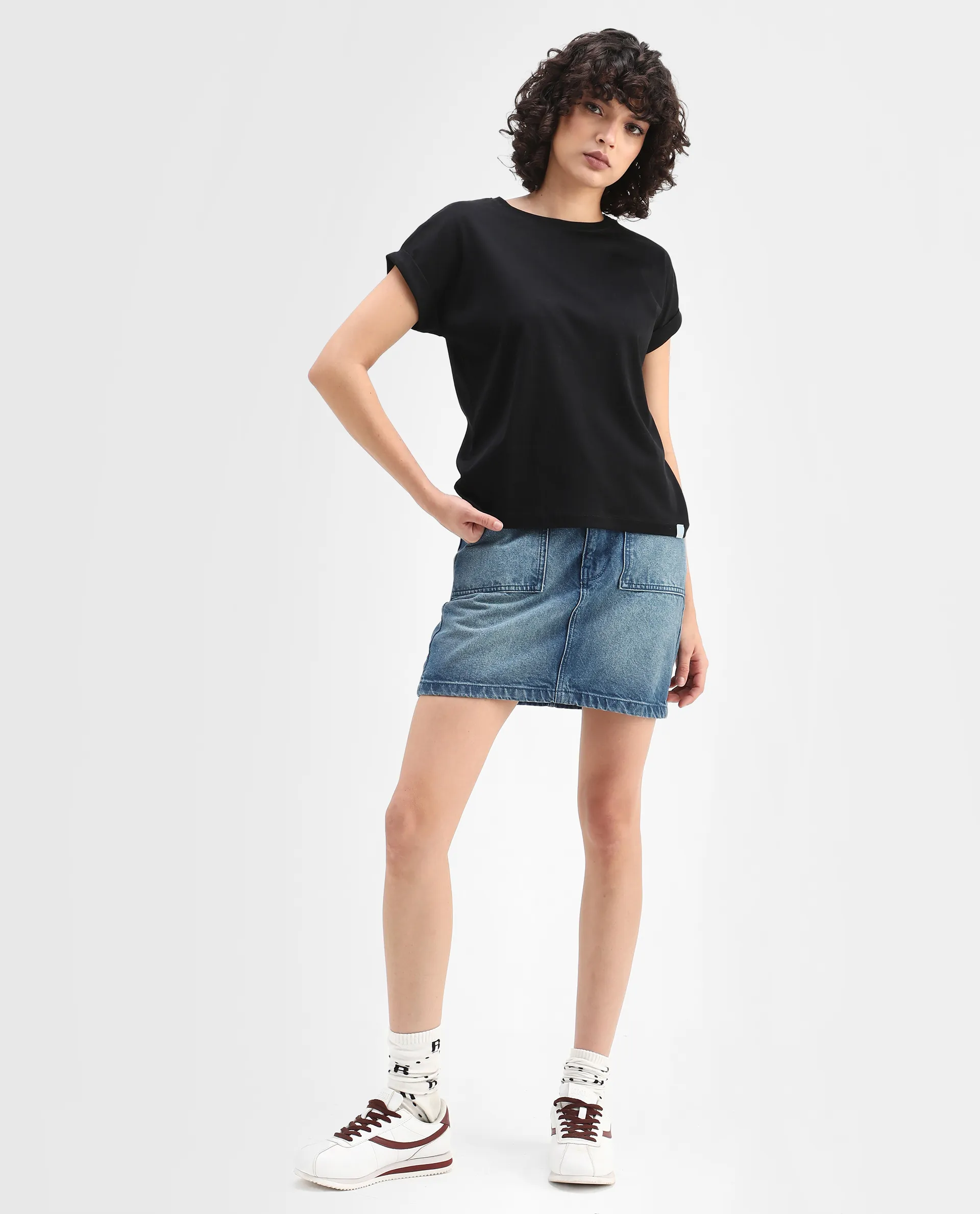 Rareism Women's Cors Black Cotton Blend Crew Neck Plain Extended Sleeves Relaxed Fit T-Shirt - Image 2