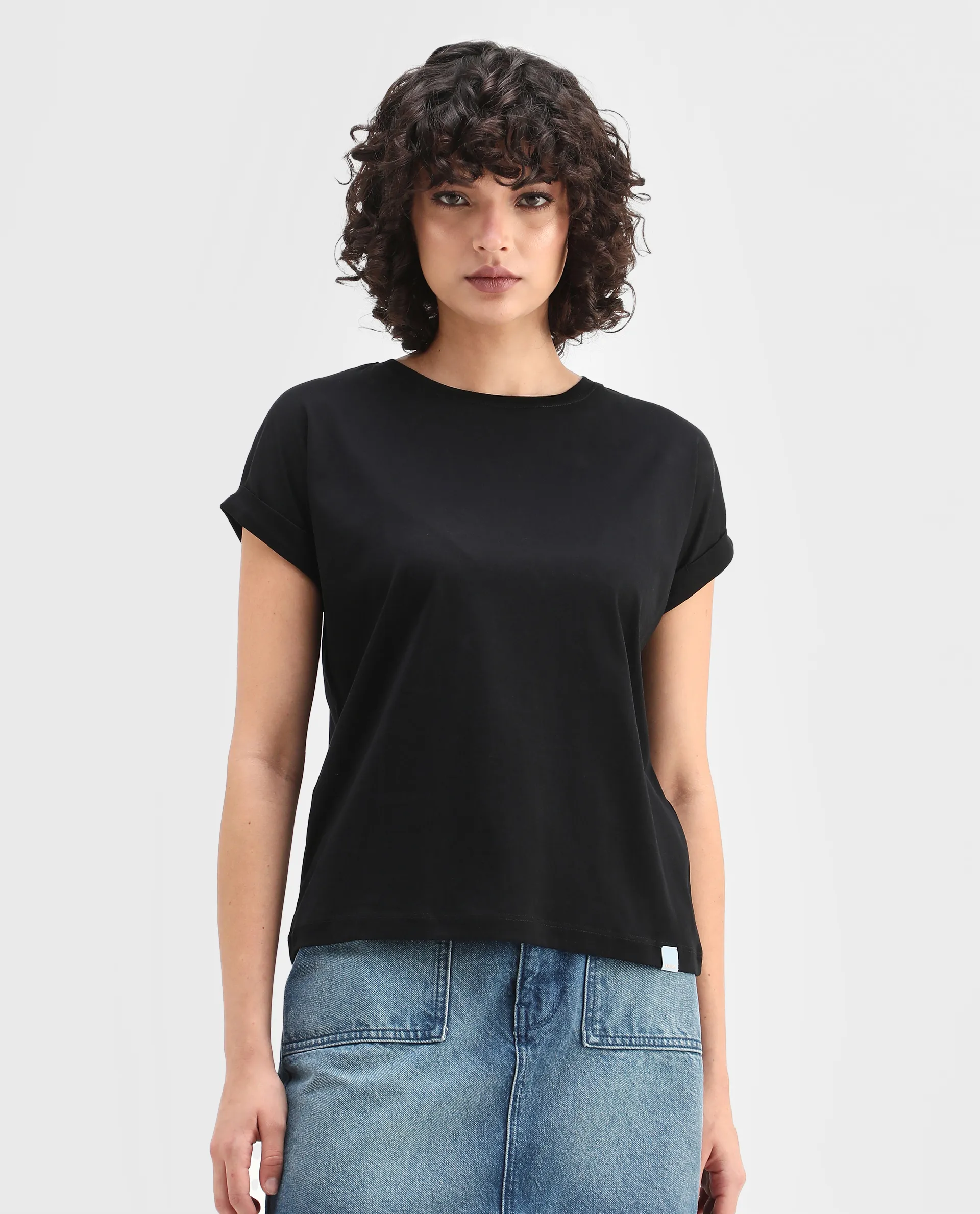 Rareism Women's Cors Black Cotton Blend Crew Neck Plain Extended Sleeves Relaxed Fit T-Shirt - Image 4