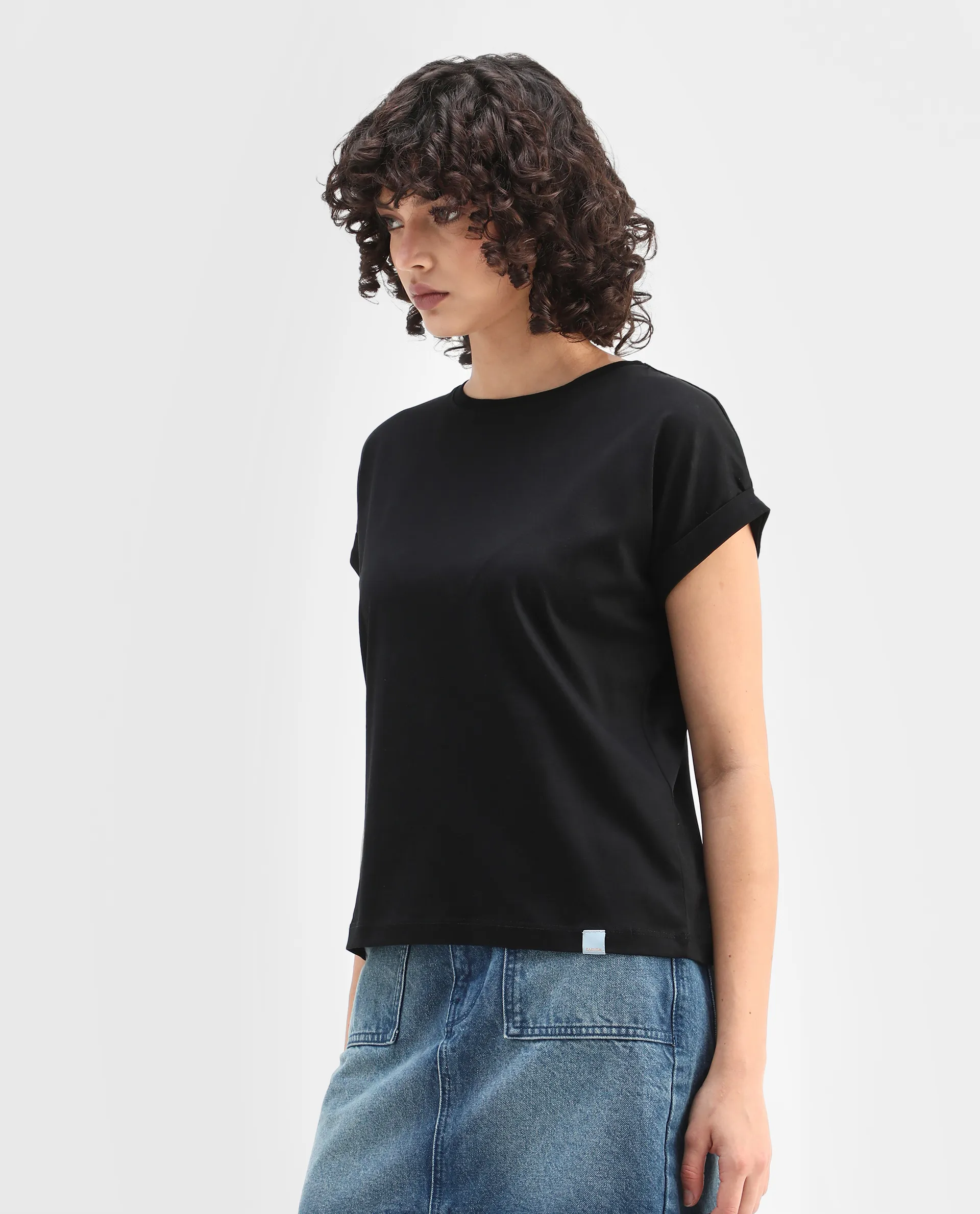 Rareism Women's Cors Black Cotton Blend Crew Neck Plain Extended Sleeves Relaxed Fit T-Shirt - Image 5