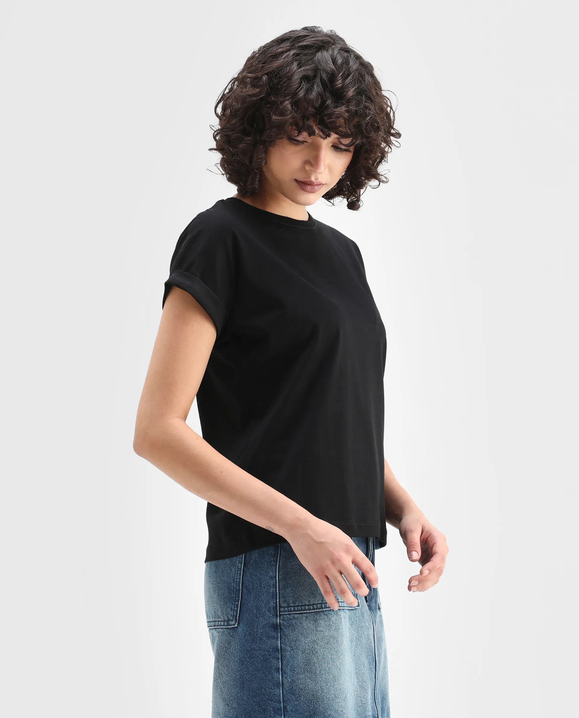 Rareism Women's Cors Black Cotton Blend Crew Neck Plain Extended Sleeves Relaxed Fit T-Shirt - Image 6