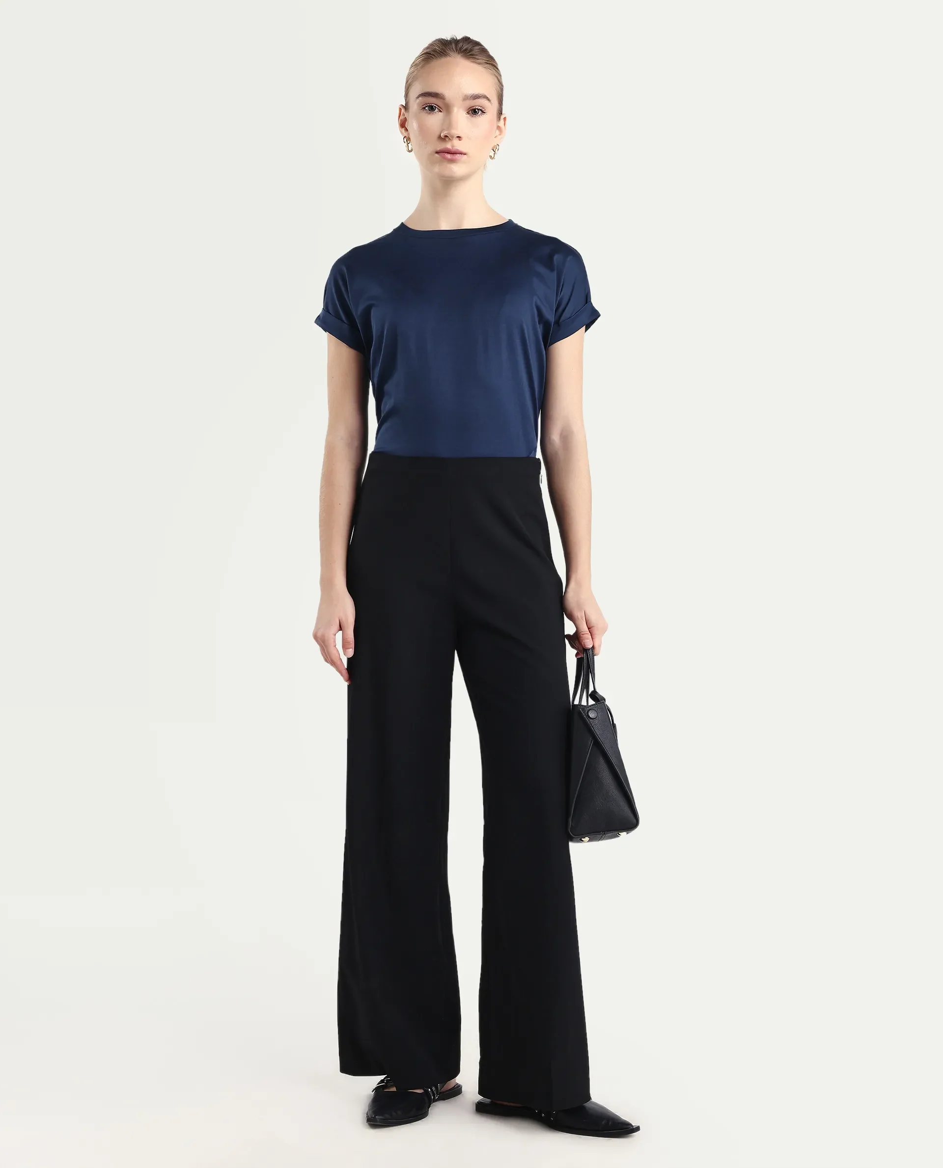 Rareism Women's Cors Navy Cotton Blend Crew Neck Plain Extended Sleeves Relaxed Fit T-Shirt - Image 2