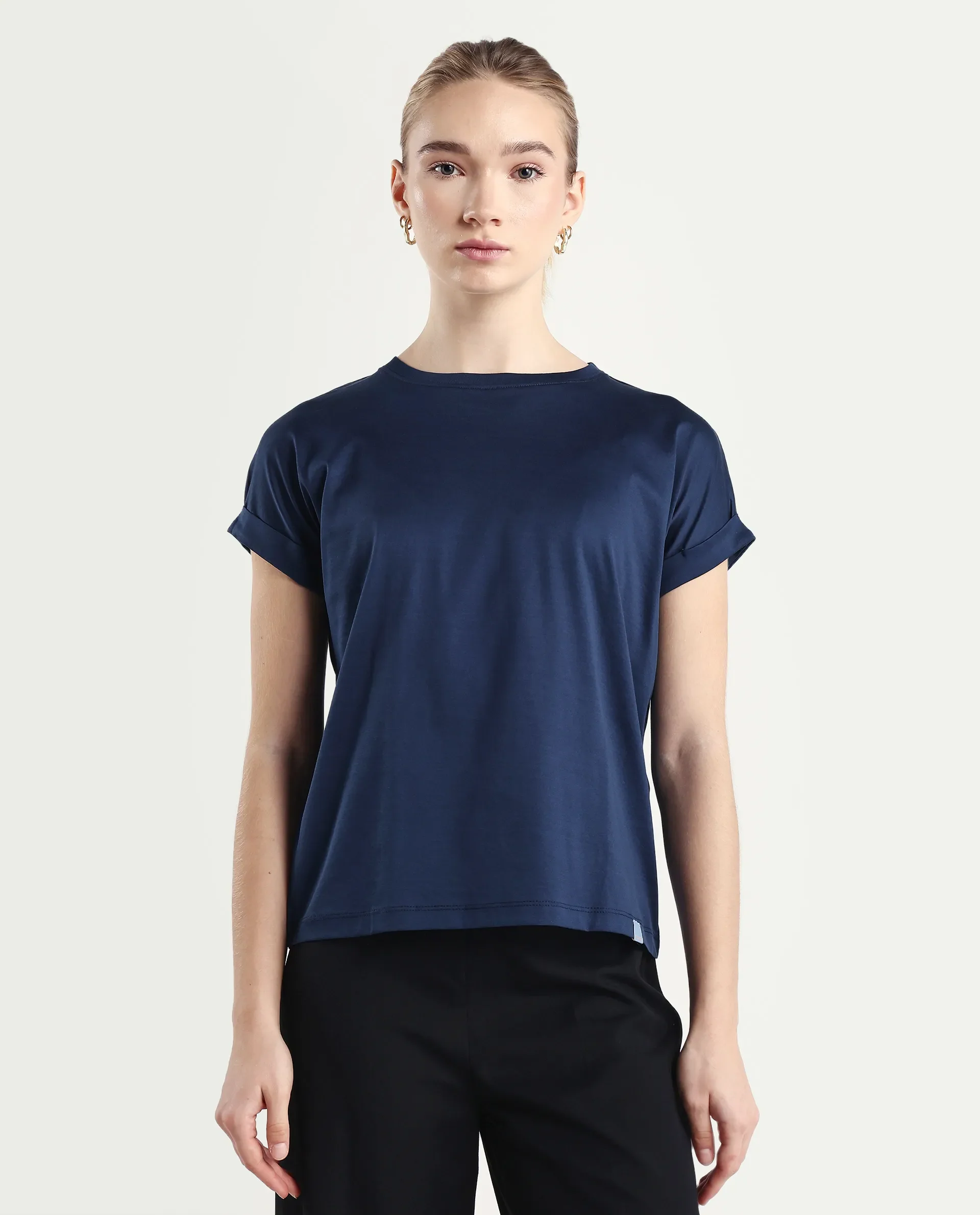 Rareism Women's Cors Navy Cotton Blend Crew Neck Plain Extended Sleeves Relaxed Fit T-Shirt - Image 3
