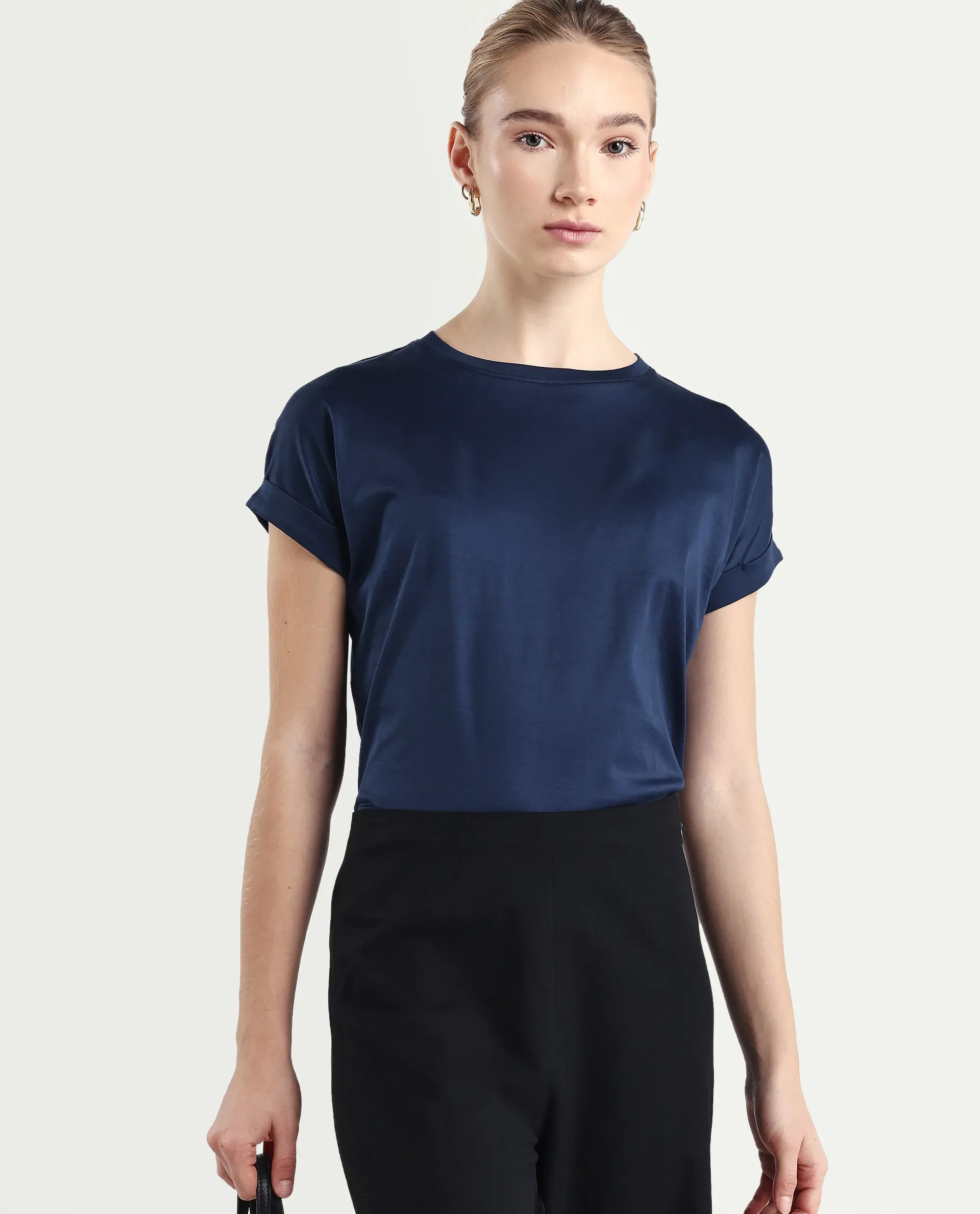 Rareism Women's Cors Navy Cotton Blend Crew Neck Plain Extended Sleeves Relaxed Fit T-Shirt - Image 4