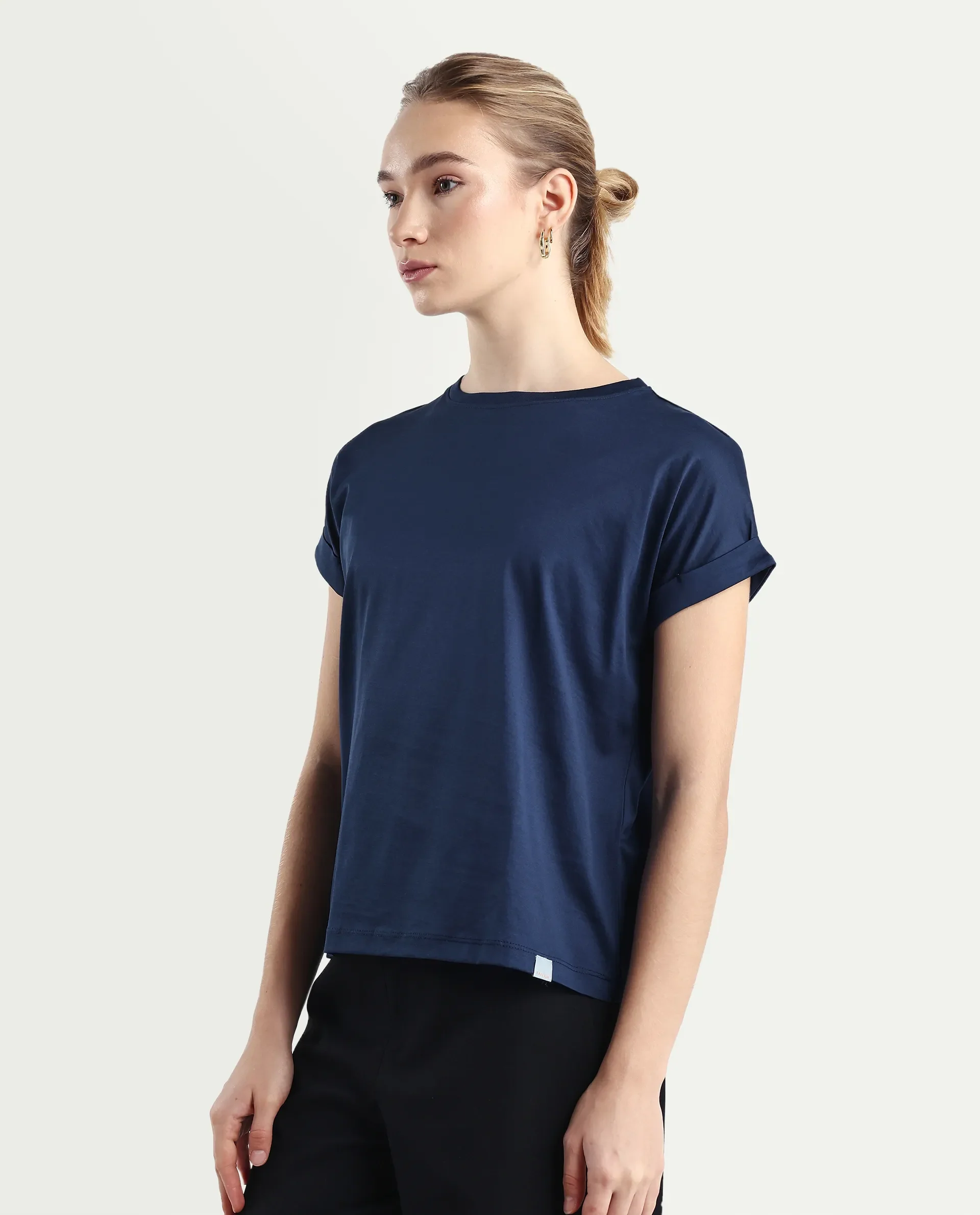 Rareism Women's Cors Navy Cotton Blend Crew Neck Plain Extended Sleeves Relaxed Fit T-Shirt - Image 5