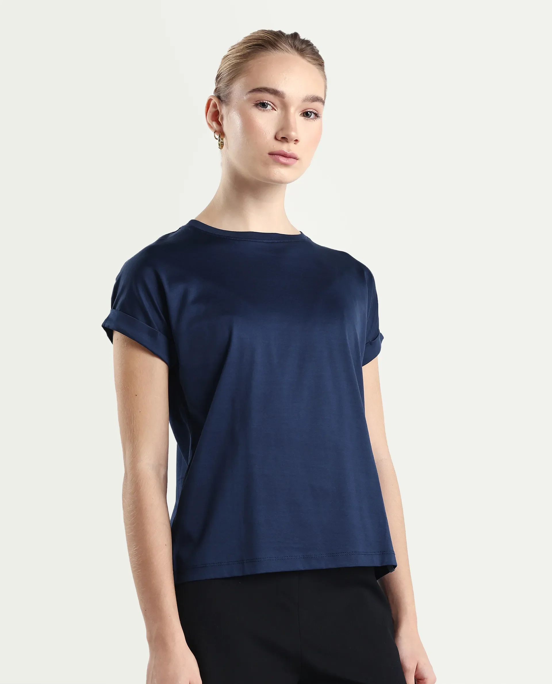 Rareism Women's Cors Navy Cotton Blend Crew Neck Plain Extended Sleeves Relaxed Fit T-Shirt - Image 6