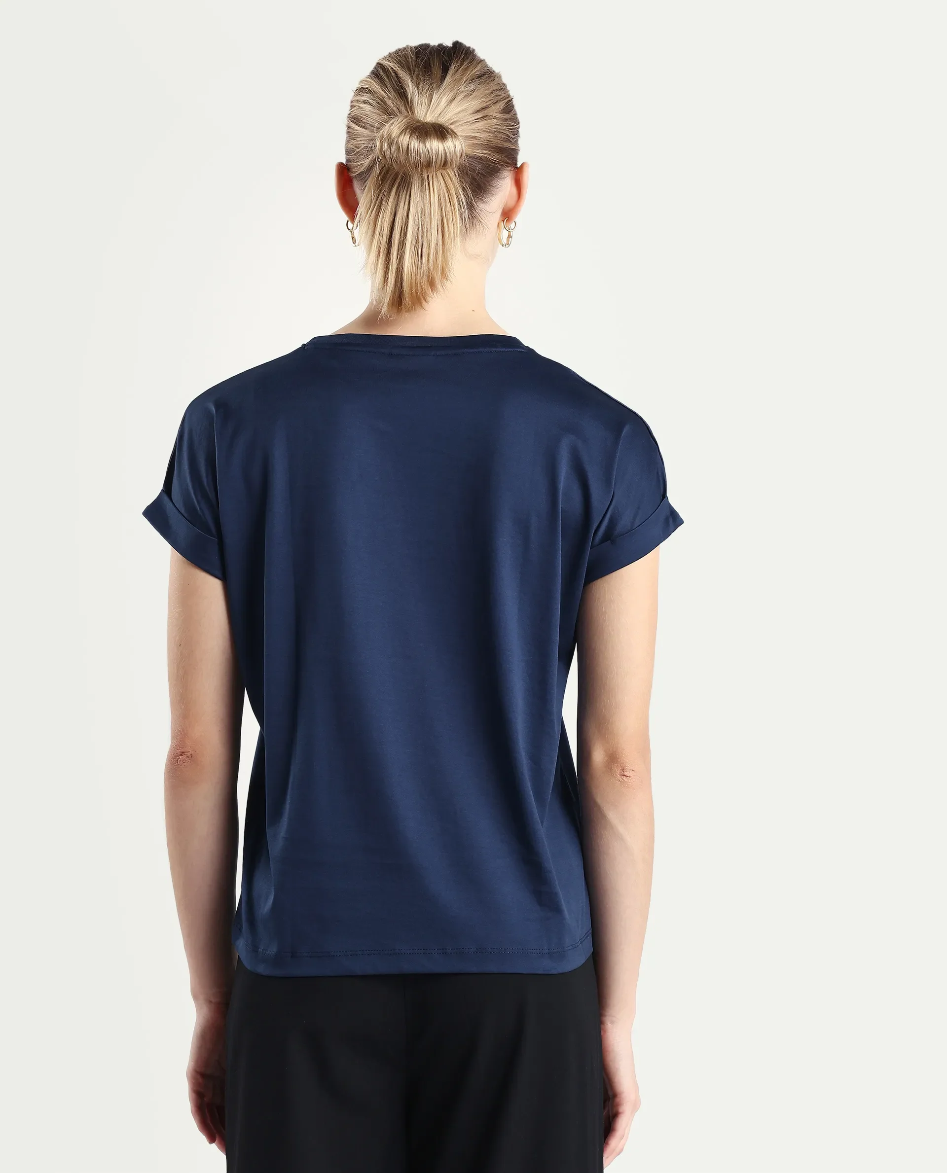 Rareism Women's Cors Navy Cotton Blend Crew Neck Plain Extended Sleeves Relaxed Fit T-Shirt - Image 7