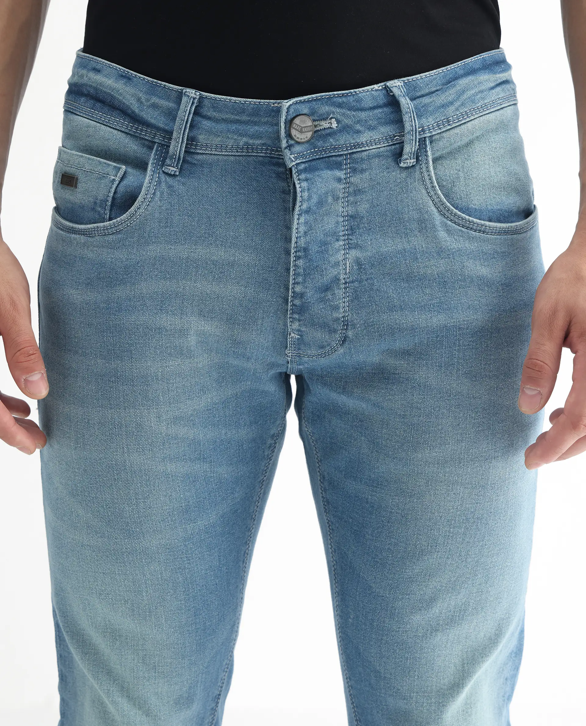 Rare Rabbit Men's Corsica Blue Cotton Plain Hawk Slim Fit Jeans - Image 3