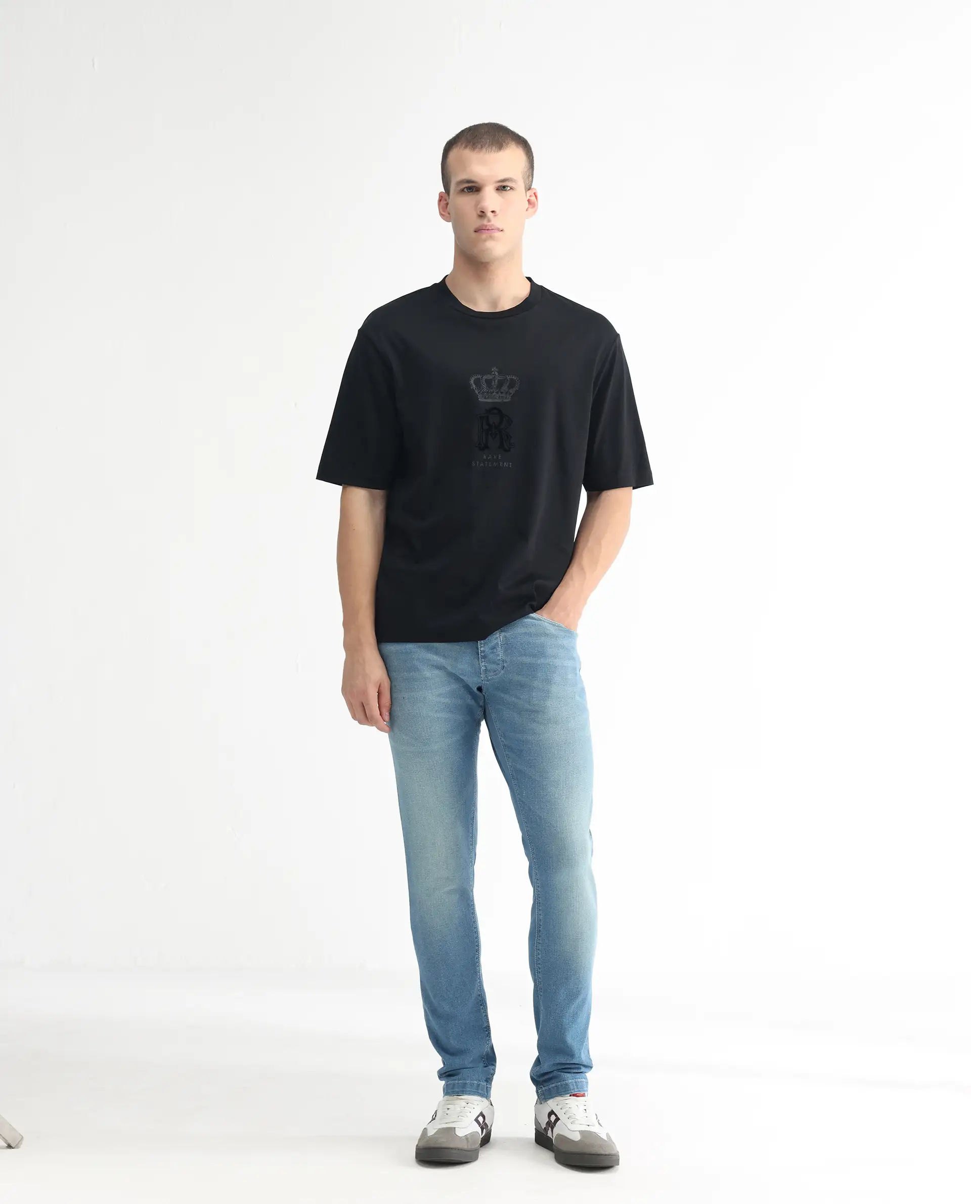 Rare Rabbit Men's Corsica Blue Cotton Plain Hawk Slim Fit Jeans - Image 4