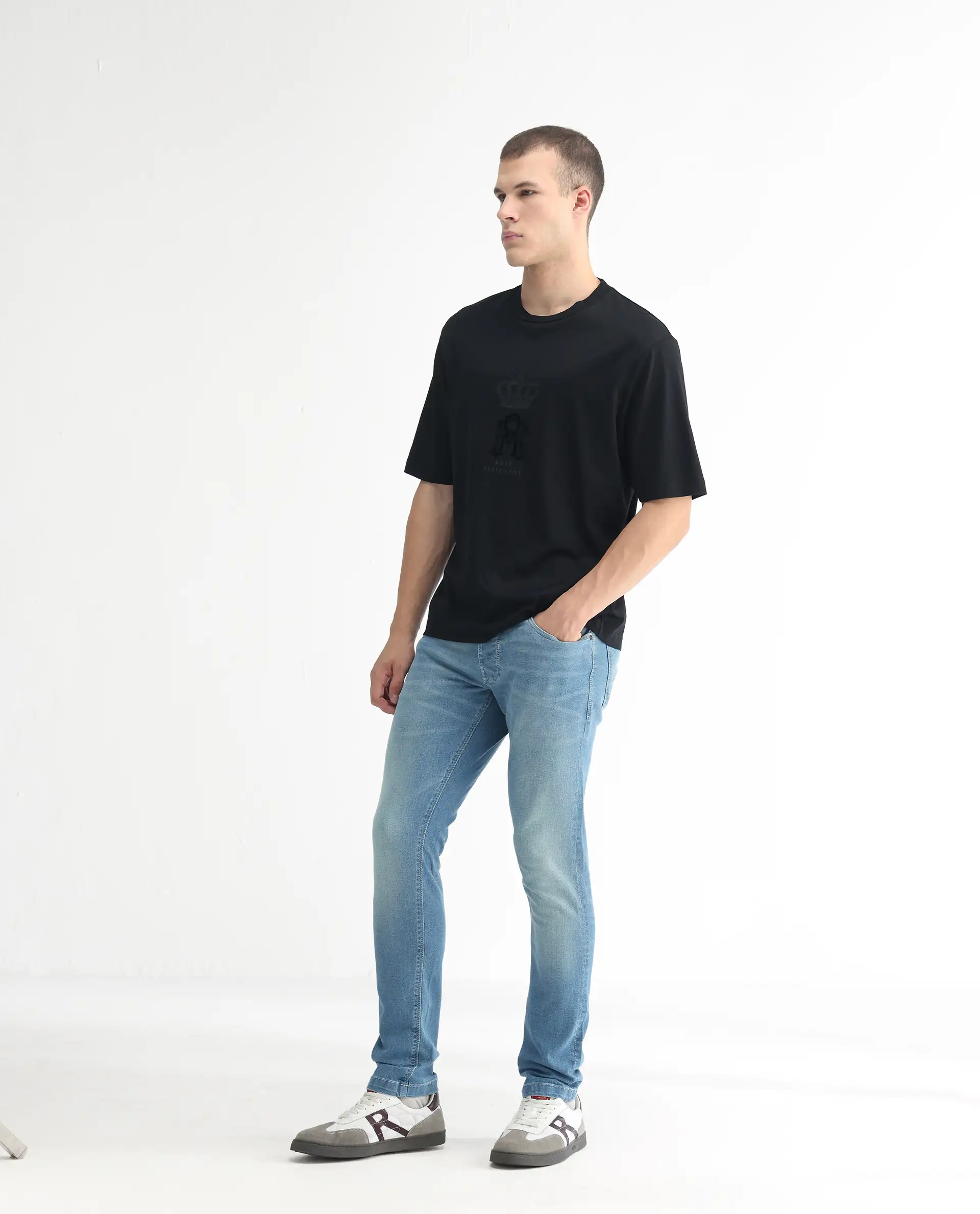Rare Rabbit Men's Corsica Blue Cotton Plain Hawk Slim Fit Jeans - Image 5