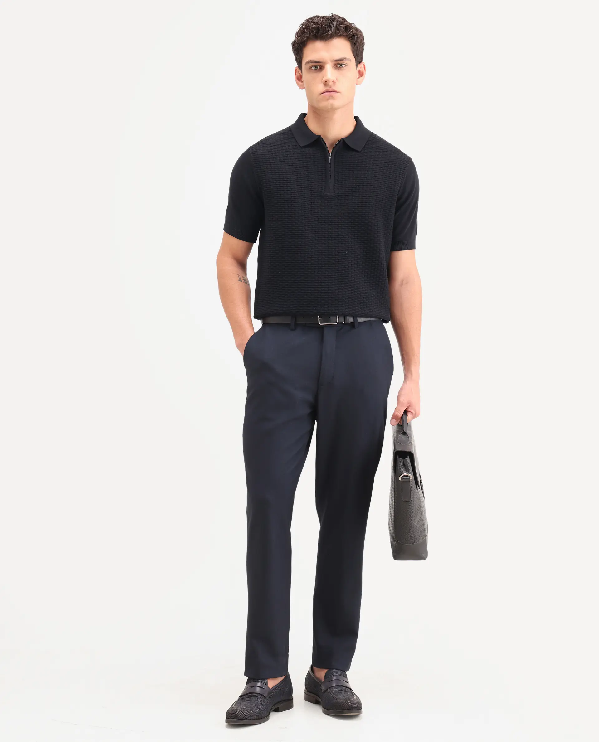 Rare Rabbit Men's Corsin Black Cotton Fabric Full Sleeve Spread Collar Regular Fit Textured Polo - Image 2