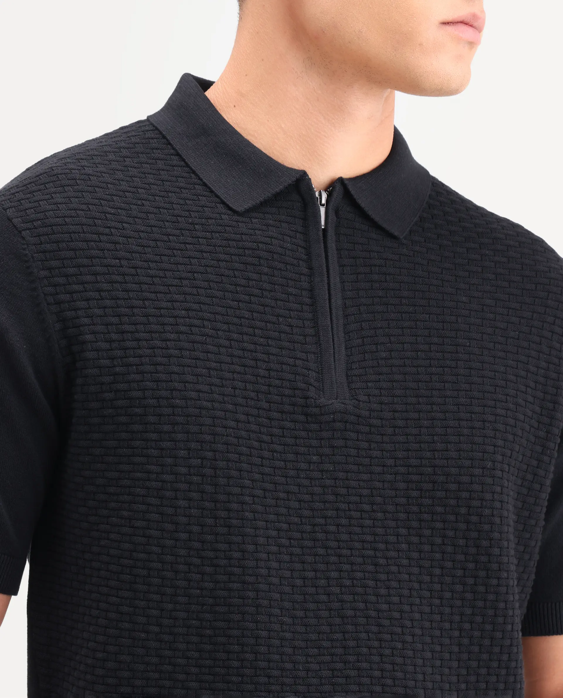 Rare Rabbit Men's Corsin Black Cotton Fabric Full Sleeve Spread Collar Regular Fit Textured Polo - Image 3