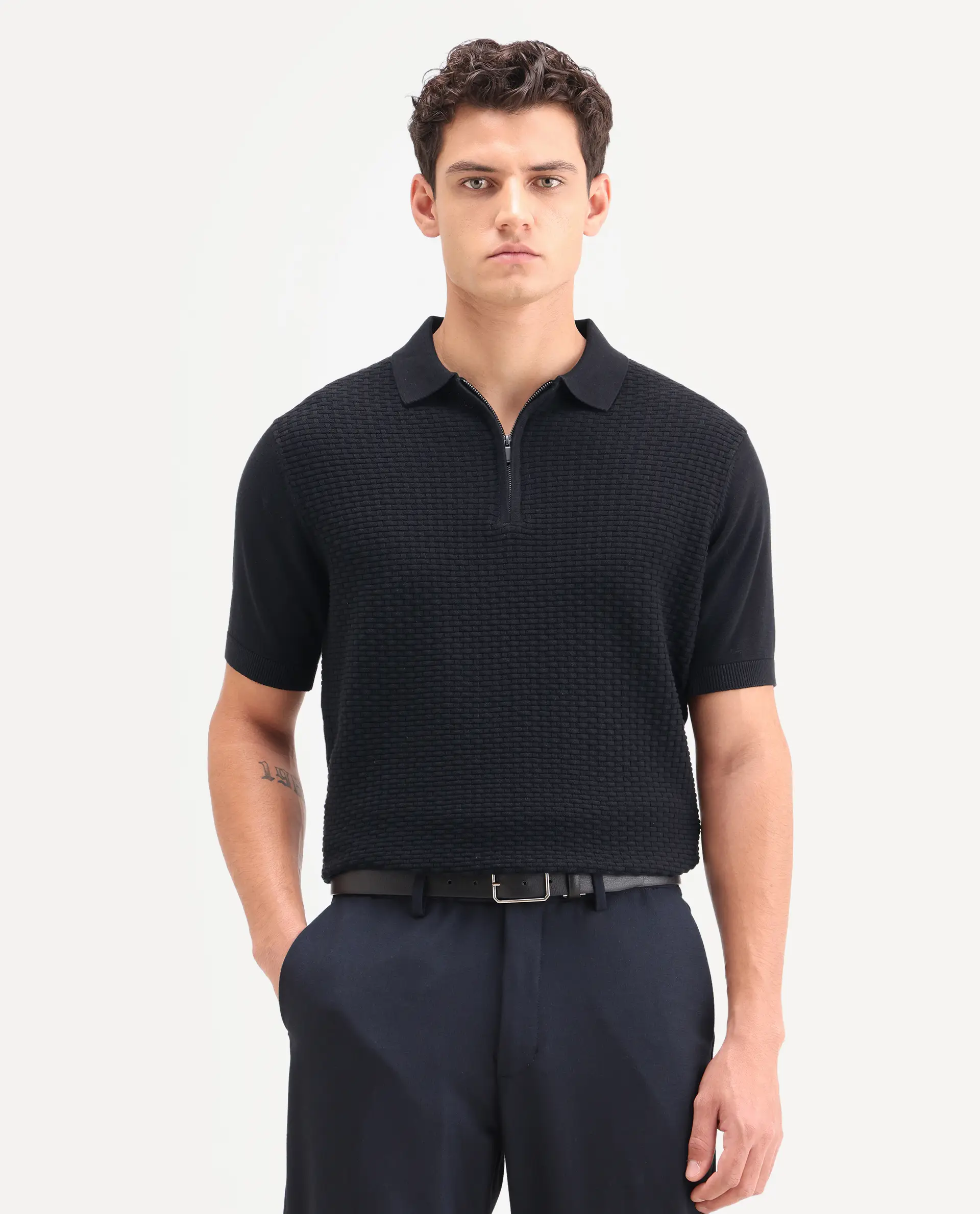 Rare Rabbit Men's Corsin Black Cotton Fabric Full Sleeve Spread Collar Regular Fit Textured Polo - Image 4