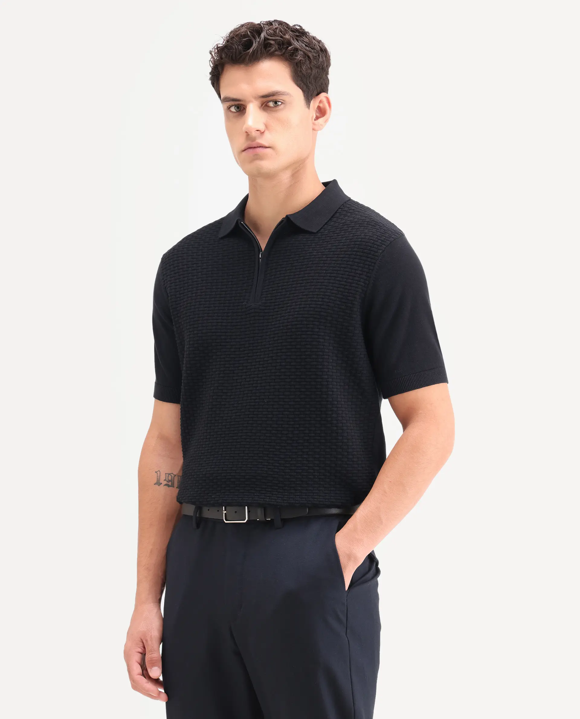 Rare Rabbit Men's Corsin Black Cotton Fabric Full Sleeve Spread Collar Regular Fit Textured Polo - Image 5