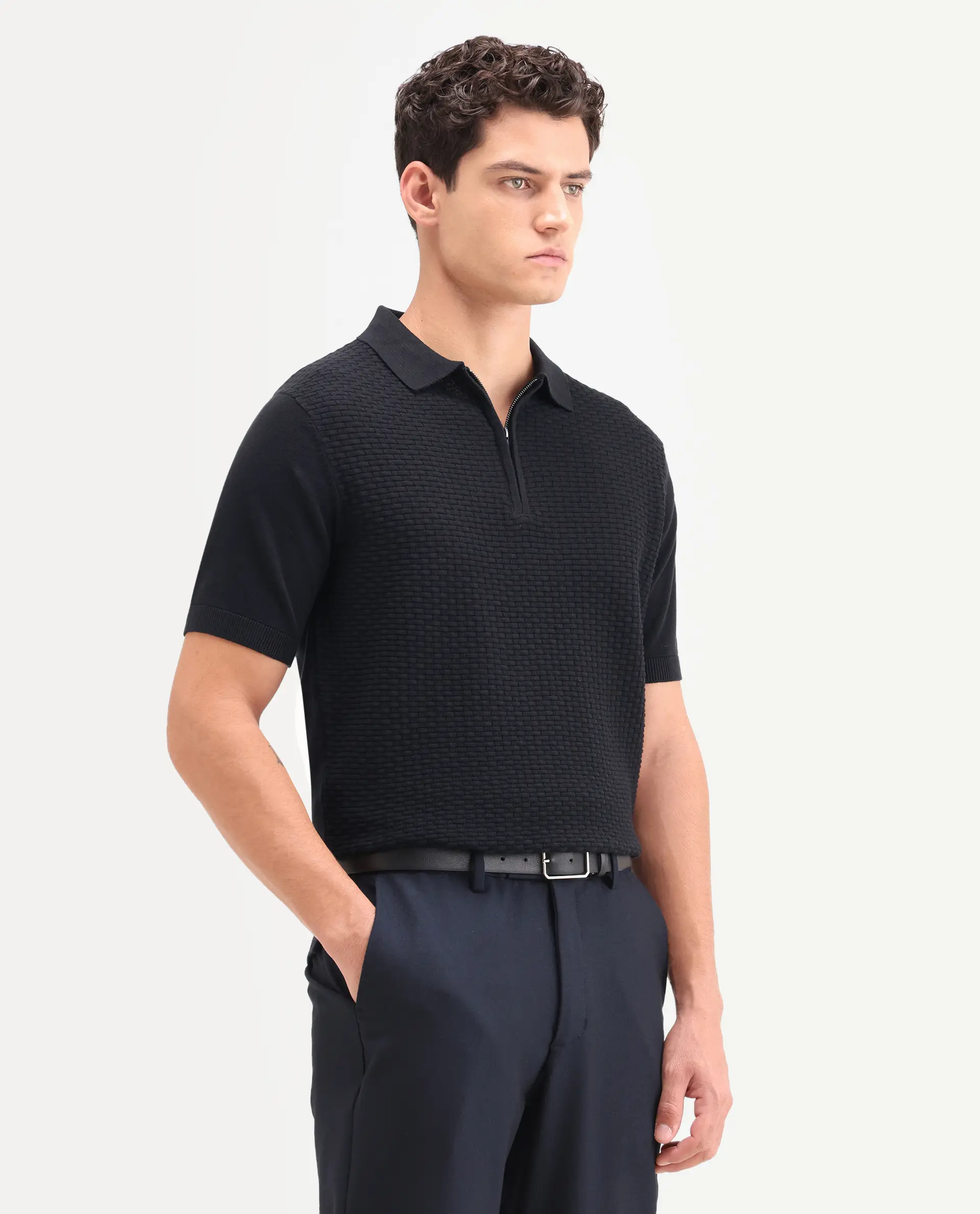 Rare Rabbit Men's Corsin Black Cotton Fabric Full Sleeve Spread Collar Regular Fit Textured Polo - Image 6