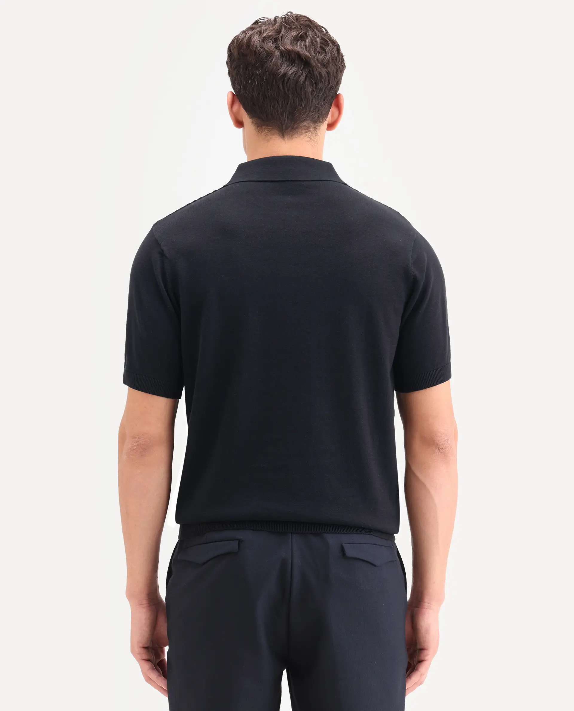 Rare Rabbit Men's Corsin Black Cotton Fabric Full Sleeve Spread Collar Regular Fit Textured Polo - Image 7