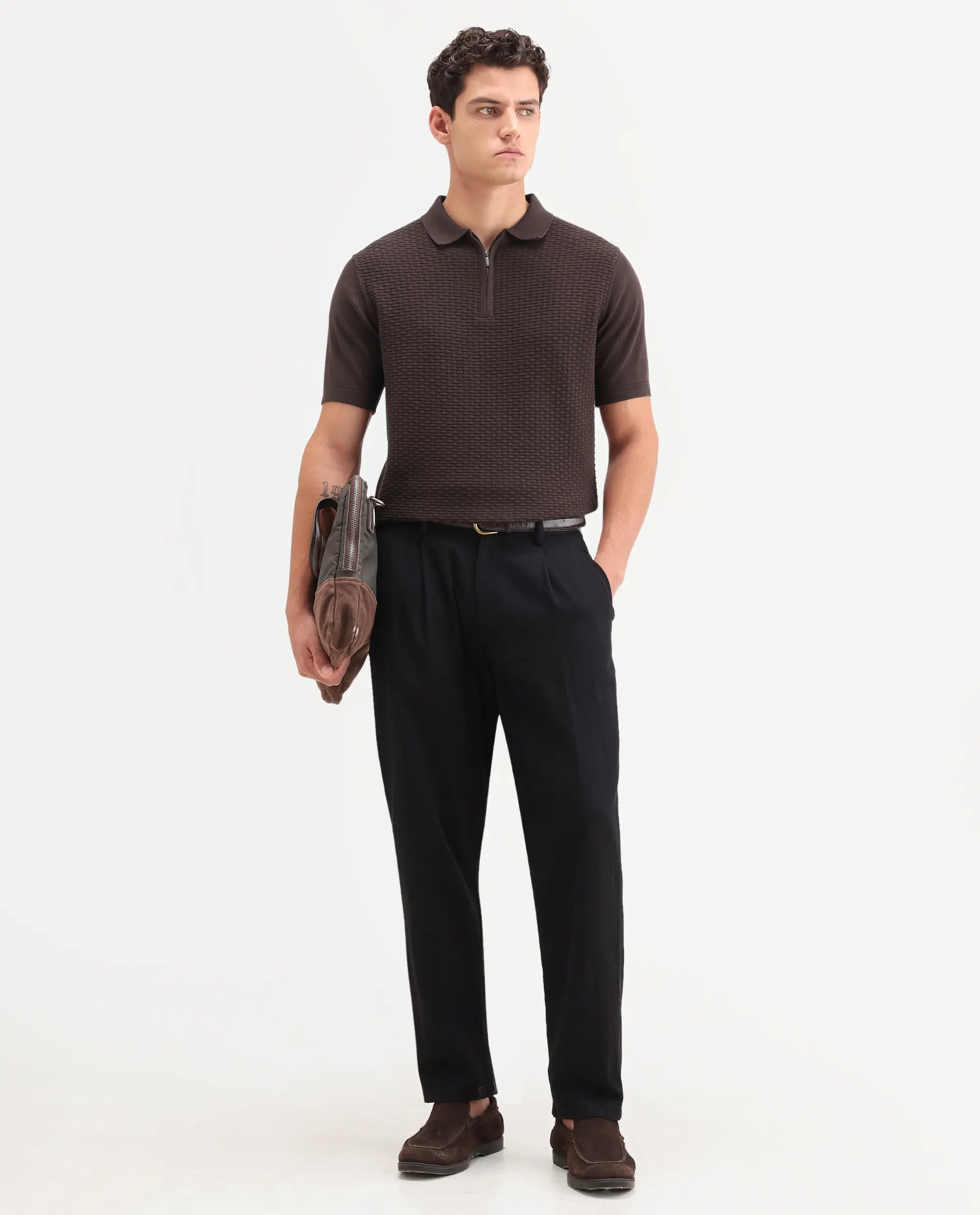 Rare Rabbit Men's Corsin Brown Cotton Fabric Full Sleeve Spread Collar Regular Fit Textured Polo - Image 2