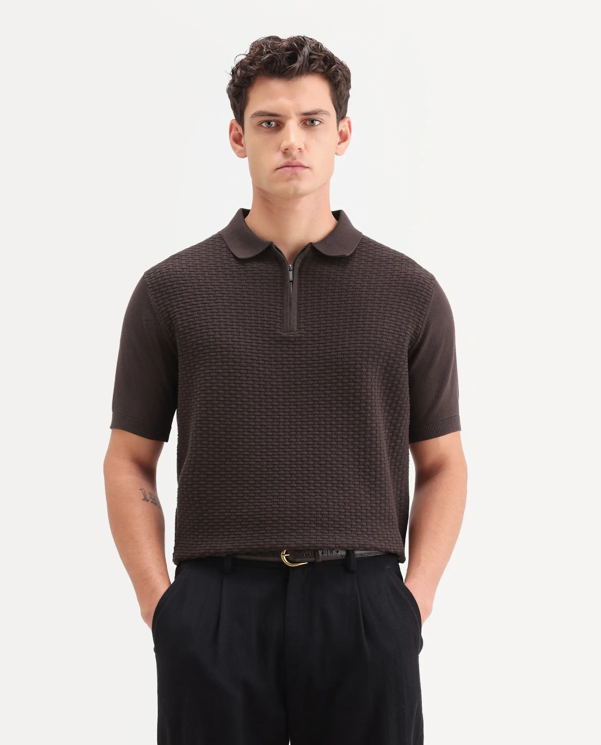 Rare Rabbit Men's Corsin Brown Cotton Fabric Full Sleeve Spread Collar Regular Fit Textured Polo - Image 3