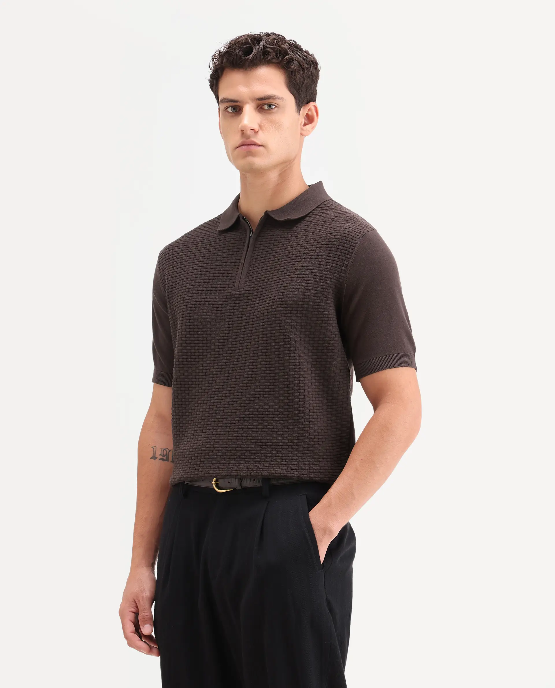 Rare Rabbit Men's Corsin Brown Cotton Fabric Full Sleeve Spread Collar Regular Fit Textured Polo - Image 4