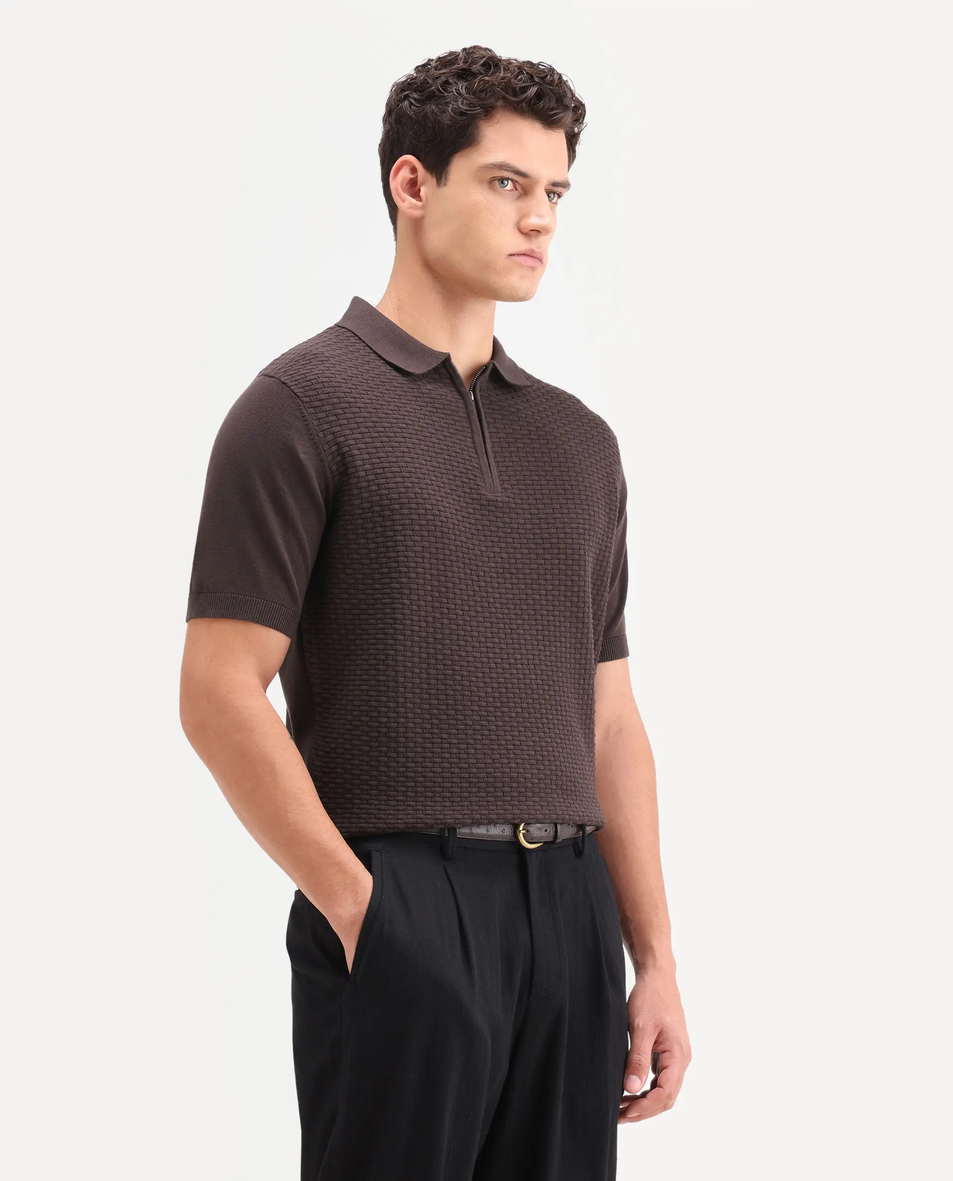 Rare Rabbit Men's Corsin Brown Cotton Fabric Full Sleeve Spread Collar Regular Fit Textured Polo - Image 5