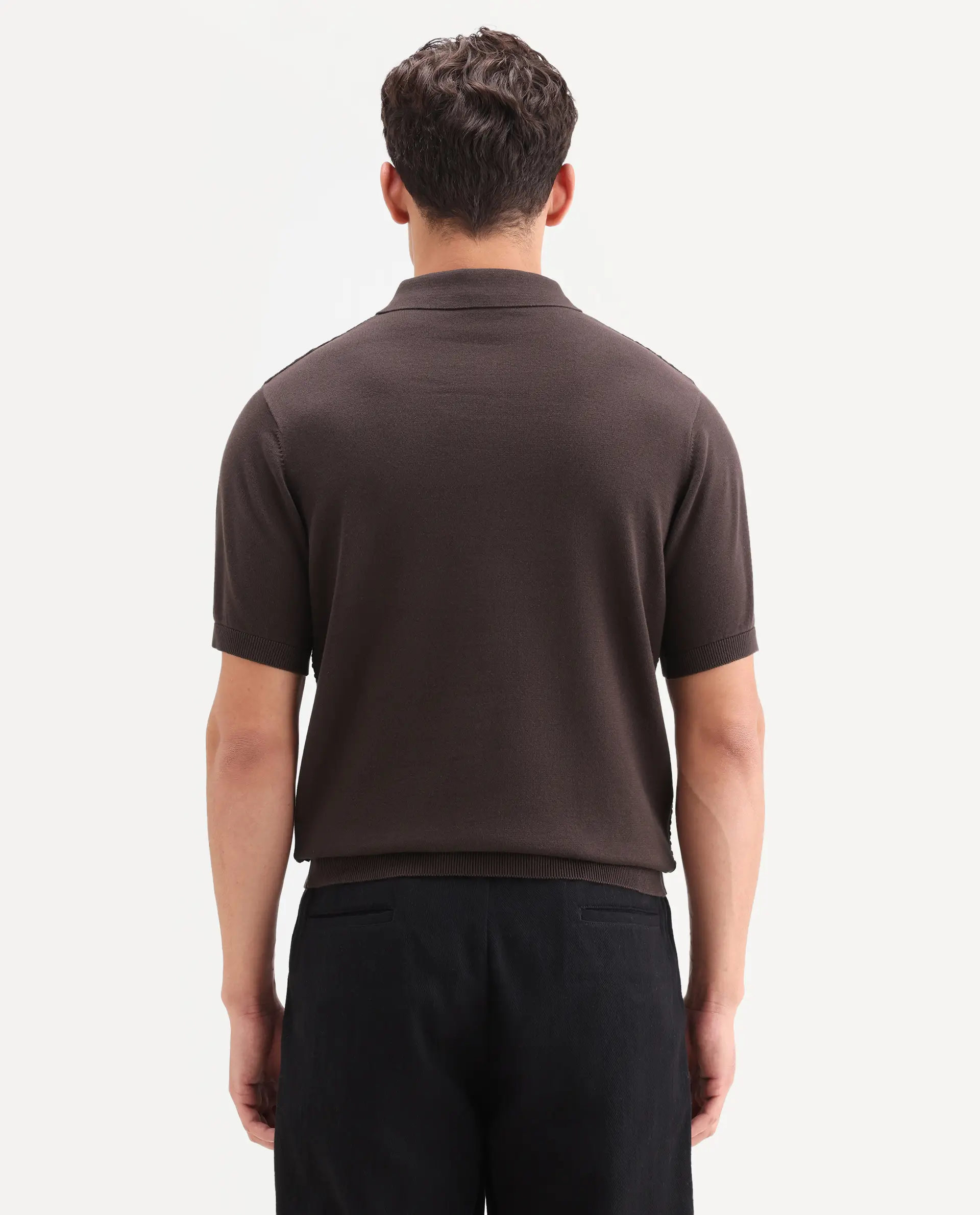 Rare Rabbit Men's Corsin Brown Cotton Fabric Full Sleeve Spread Collar Regular Fit Textured Polo - Image 6