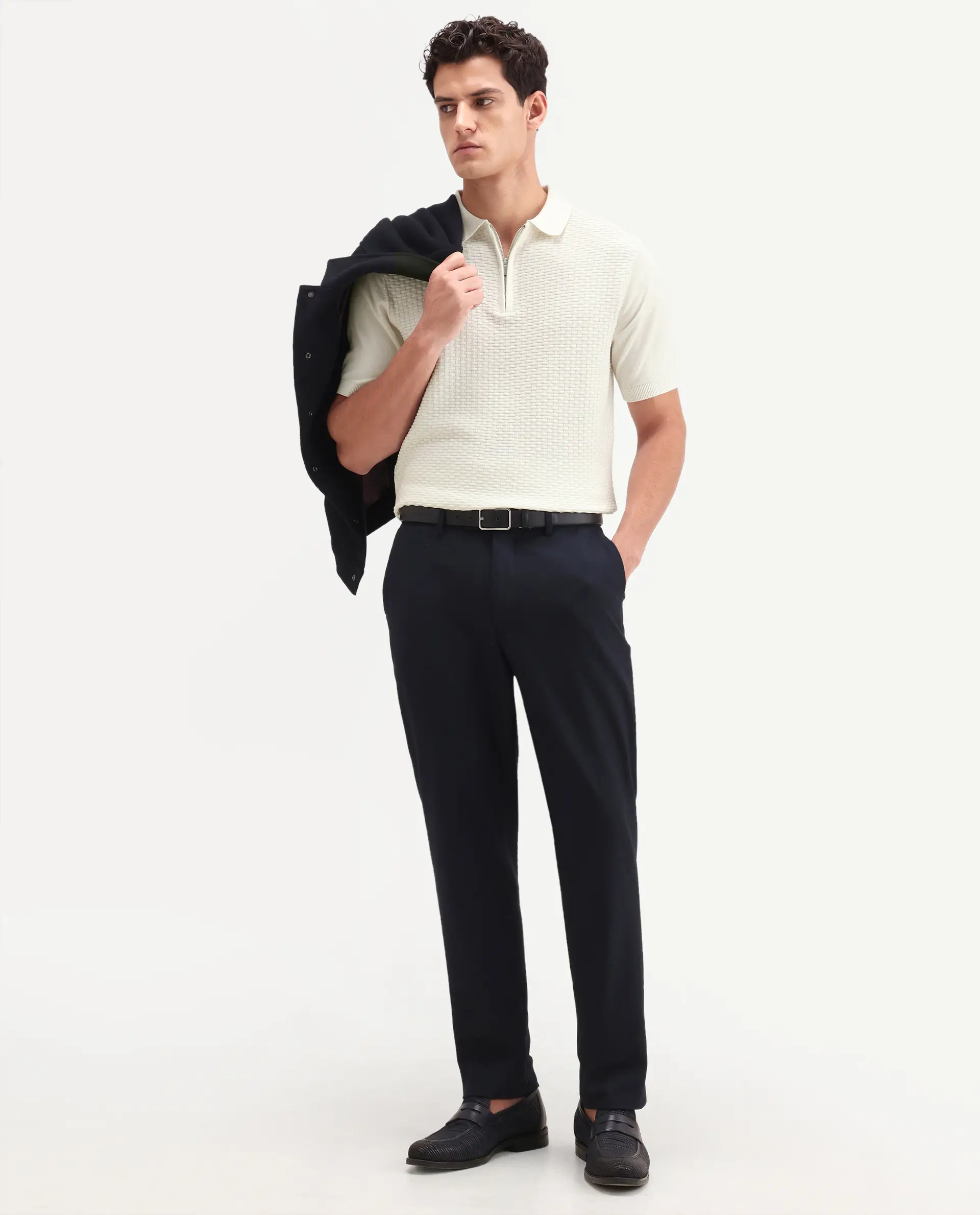 Rare Rabbit Men's Corsin White Cotton Fabric Full Sleeve Spread Collar Regular Fit Textured Polo - Image 2