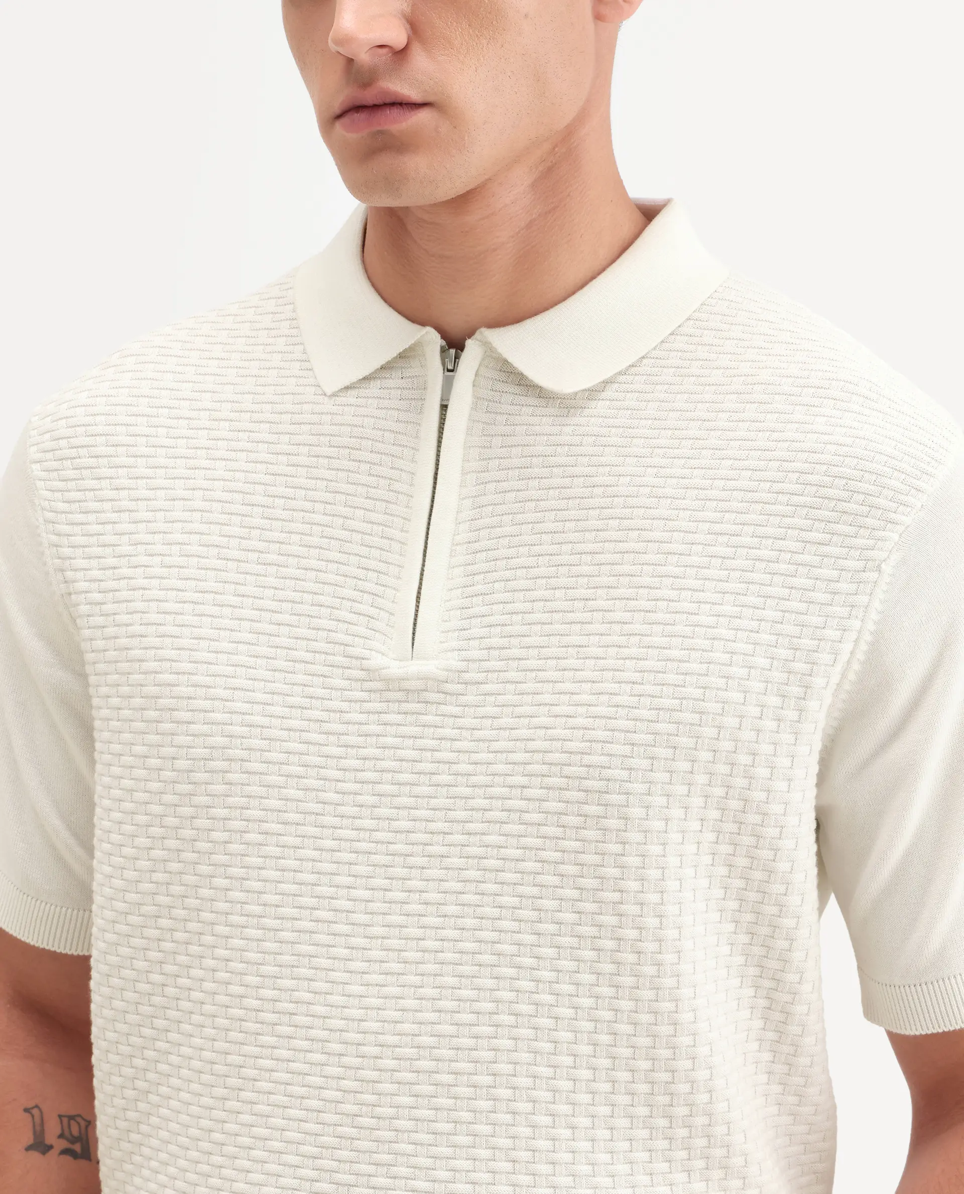 Rare Rabbit Men's Corsin White Cotton Fabric Full Sleeve Spread Collar Regular Fit Textured Polo - Image 3