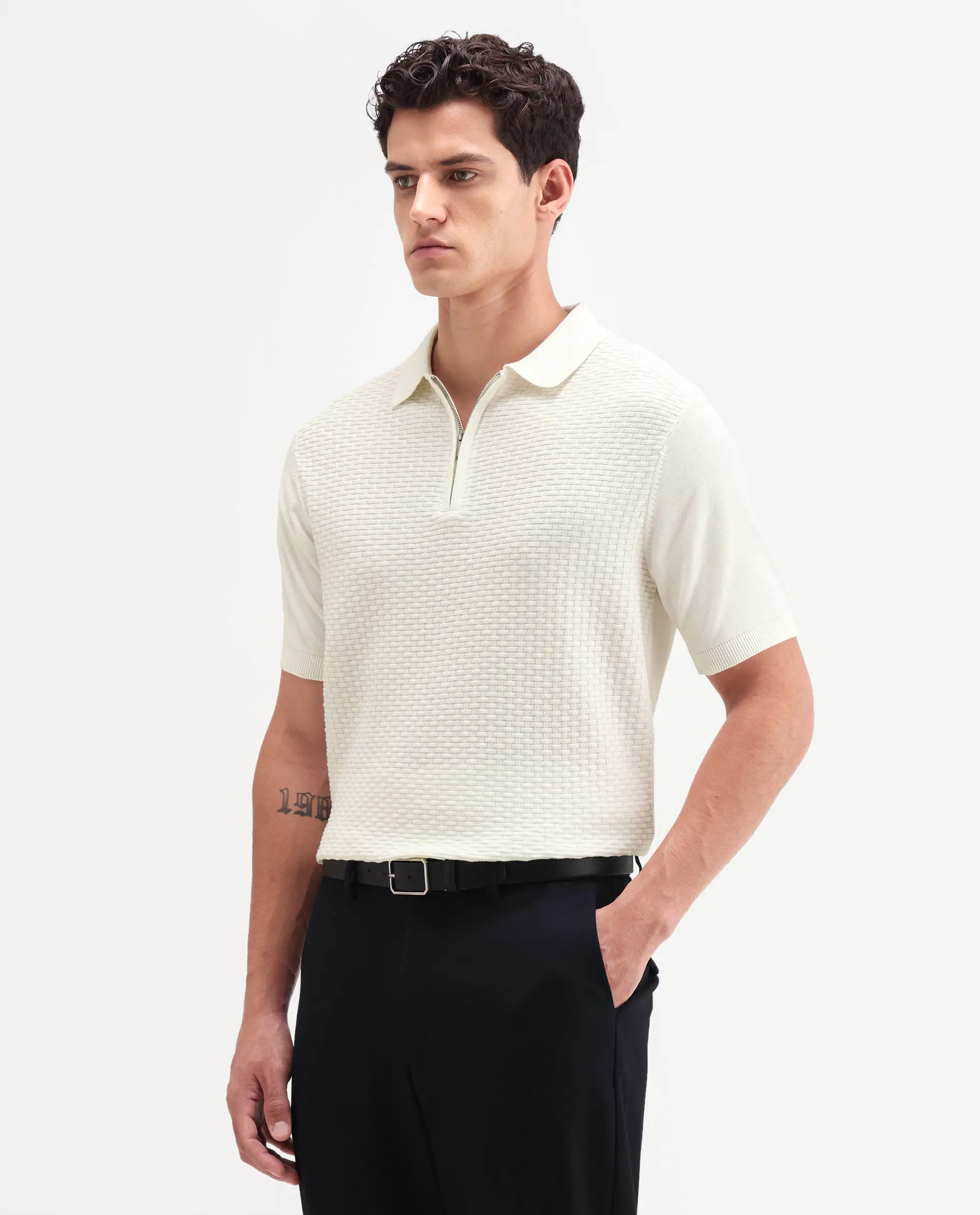 Rare Rabbit Men's Corsin White Cotton Fabric Full Sleeve Spread Collar Regular Fit Textured Polo - Image 4