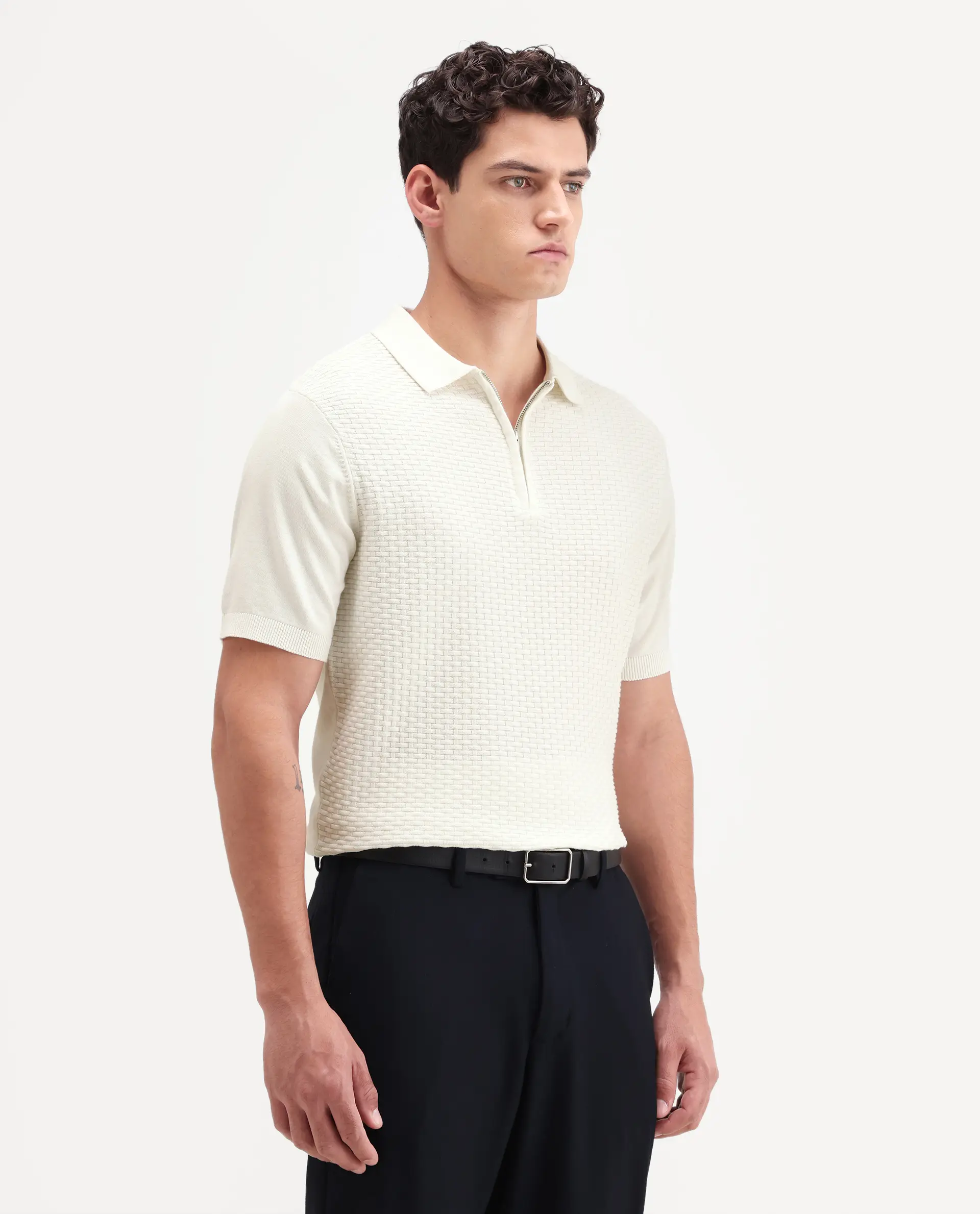 Rare Rabbit Men's Corsin White Cotton Fabric Full Sleeve Spread Collar Regular Fit Textured Polo - Image 5