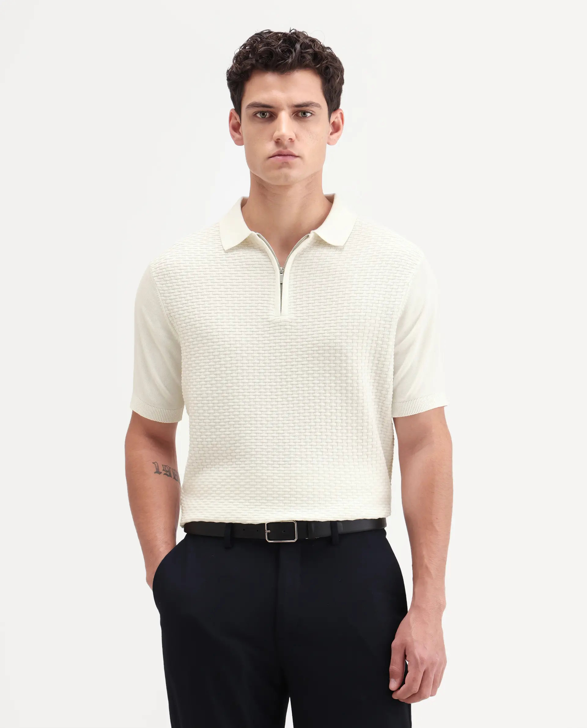 Rare Rabbit Men's Corsin White Cotton Fabric Full Sleeve Spread Collar Regular Fit Textured Polo - Image 6