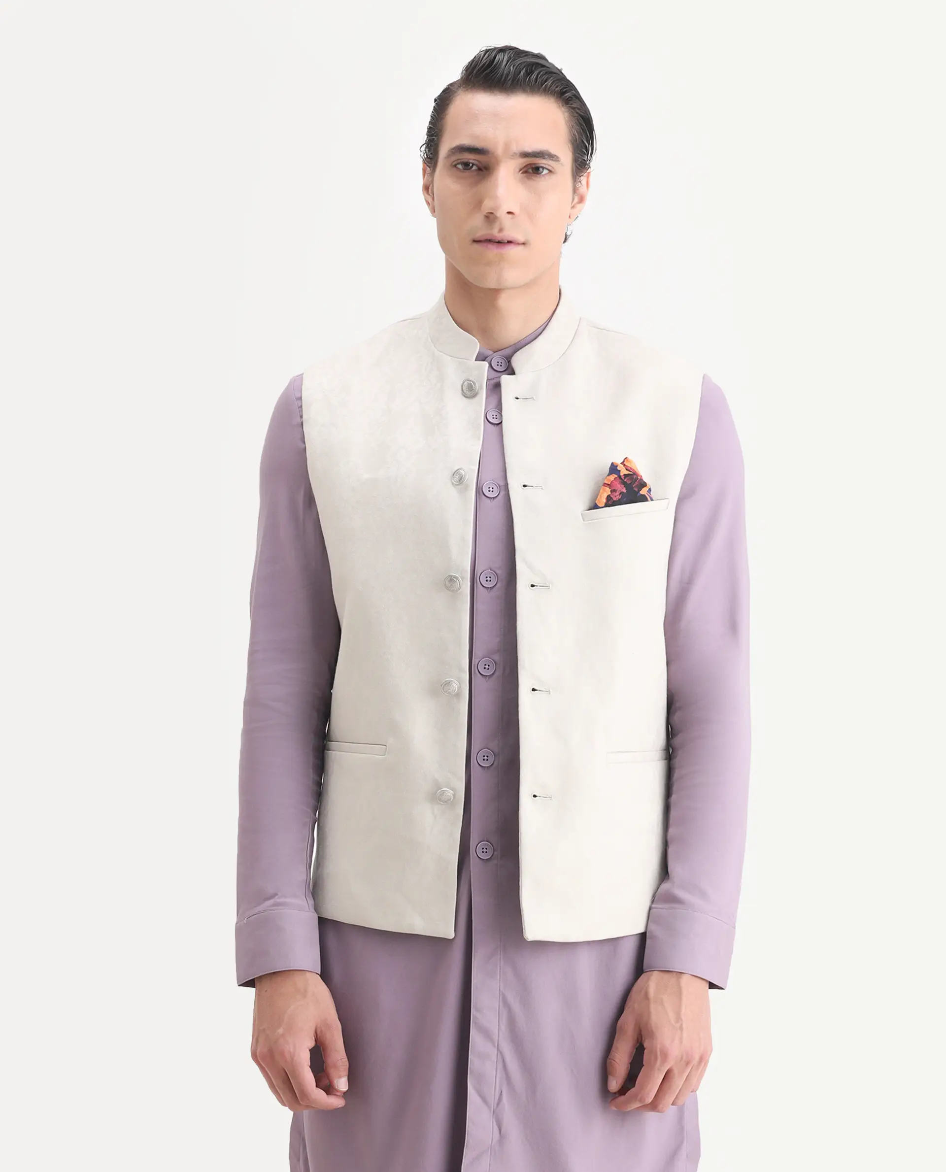 Rare Rabbit Men's Corti Beige Polyester Jacquard Tailored Fit Sleeveless Mandarin Collar Bandhgala