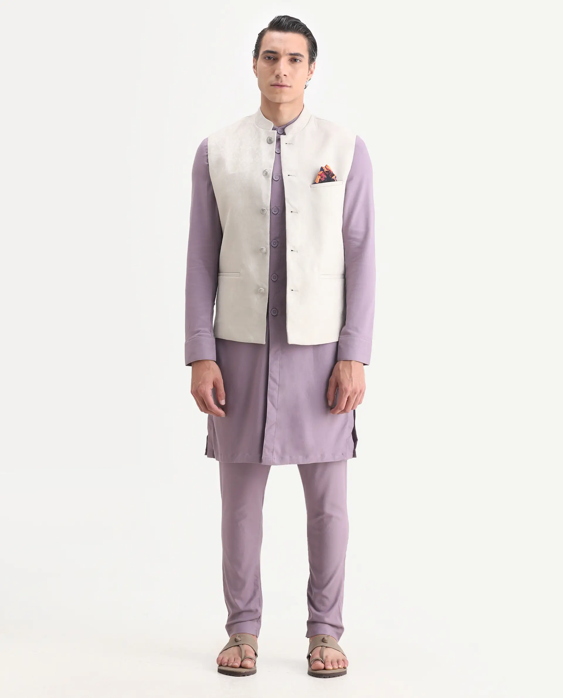 Rare Rabbit Men's Corti Beige Polyester Jacquard Tailored Fit Sleeveless Mandarin Collar Bandhgala - Image 2