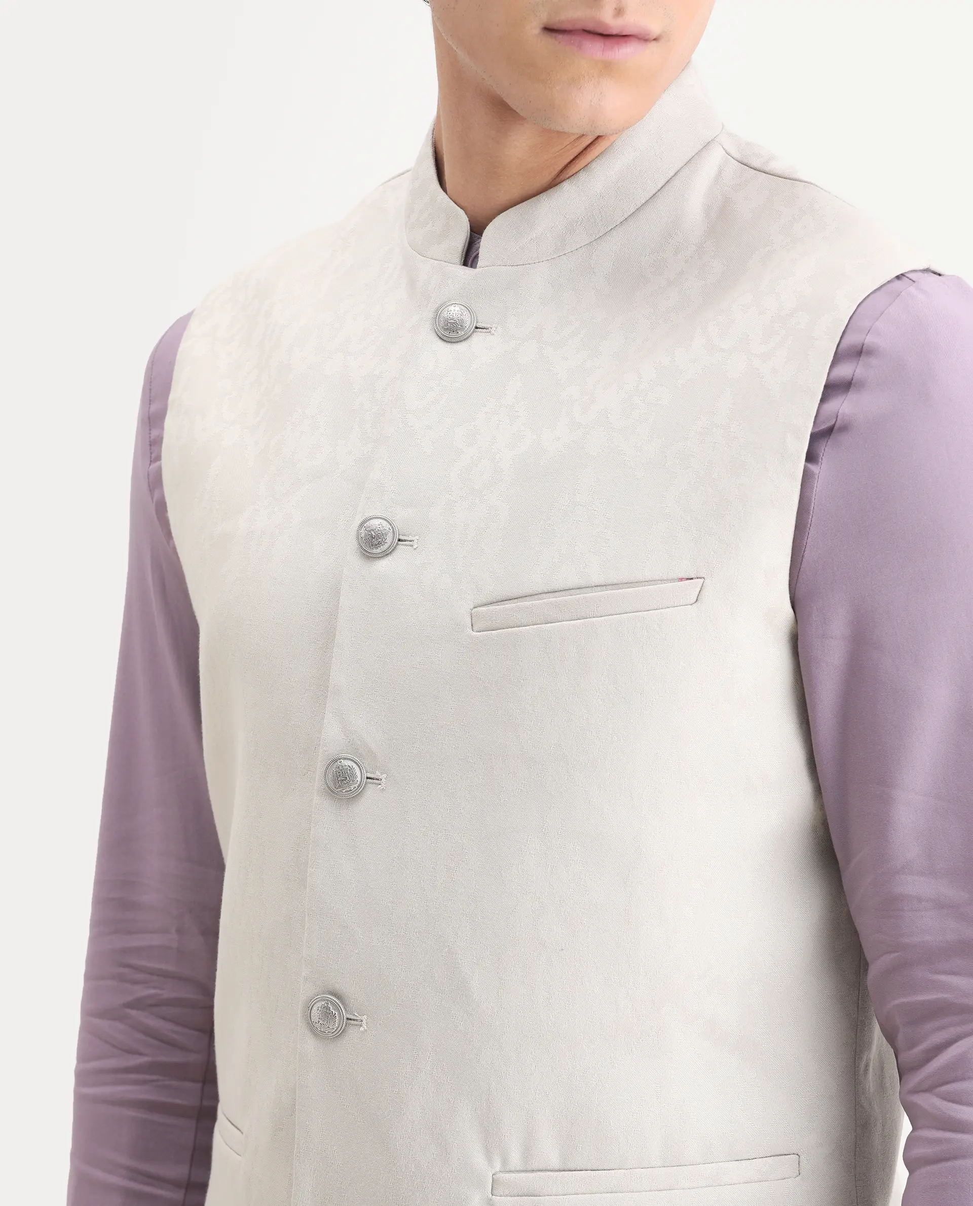 Rare Rabbit Men's Corti Beige Polyester Jacquard Tailored Fit Sleeveless Mandarin Collar Bandhgala - Image 3