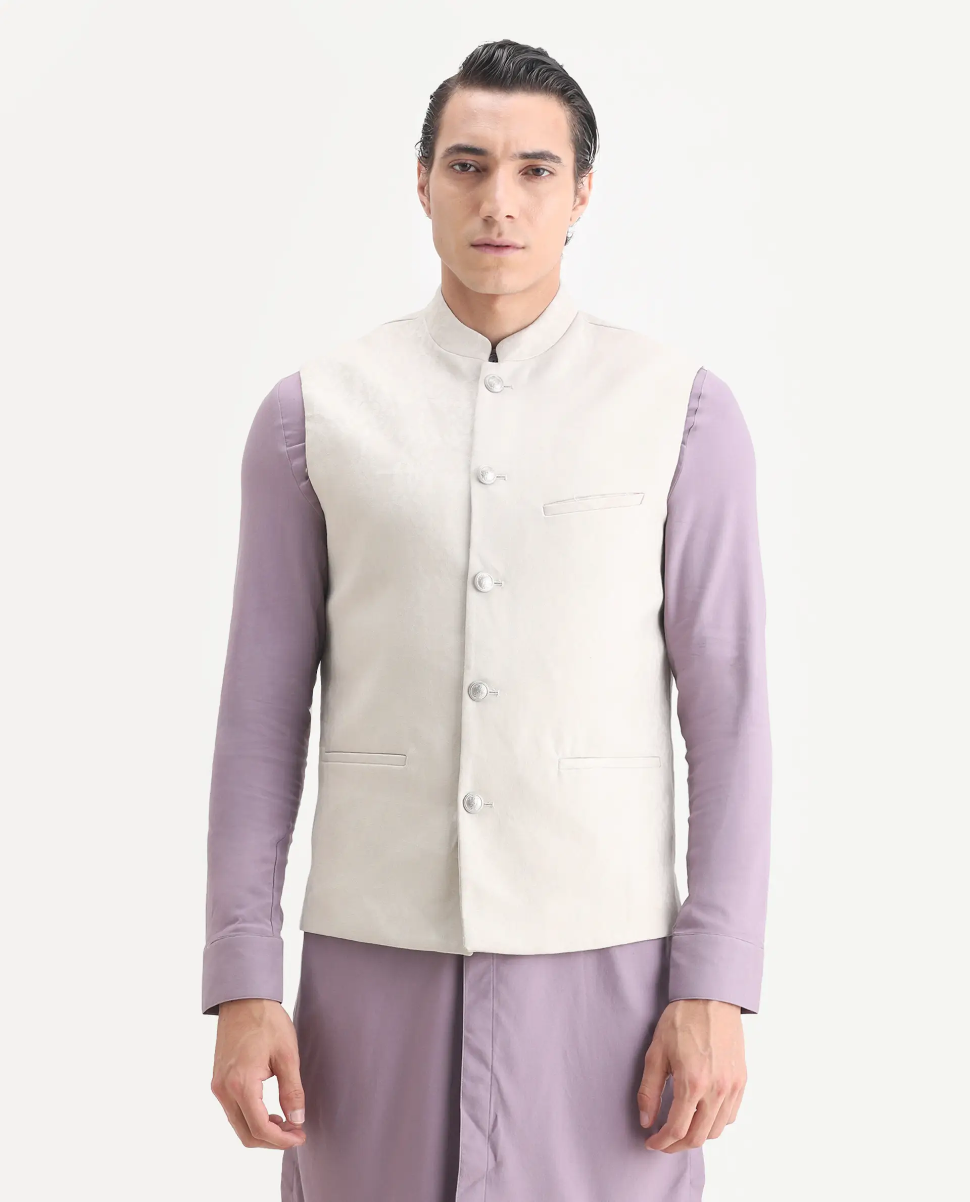 Rare Rabbit Men's Corti Beige Polyester Jacquard Tailored Fit Sleeveless Mandarin Collar Bandhgala - Image 4