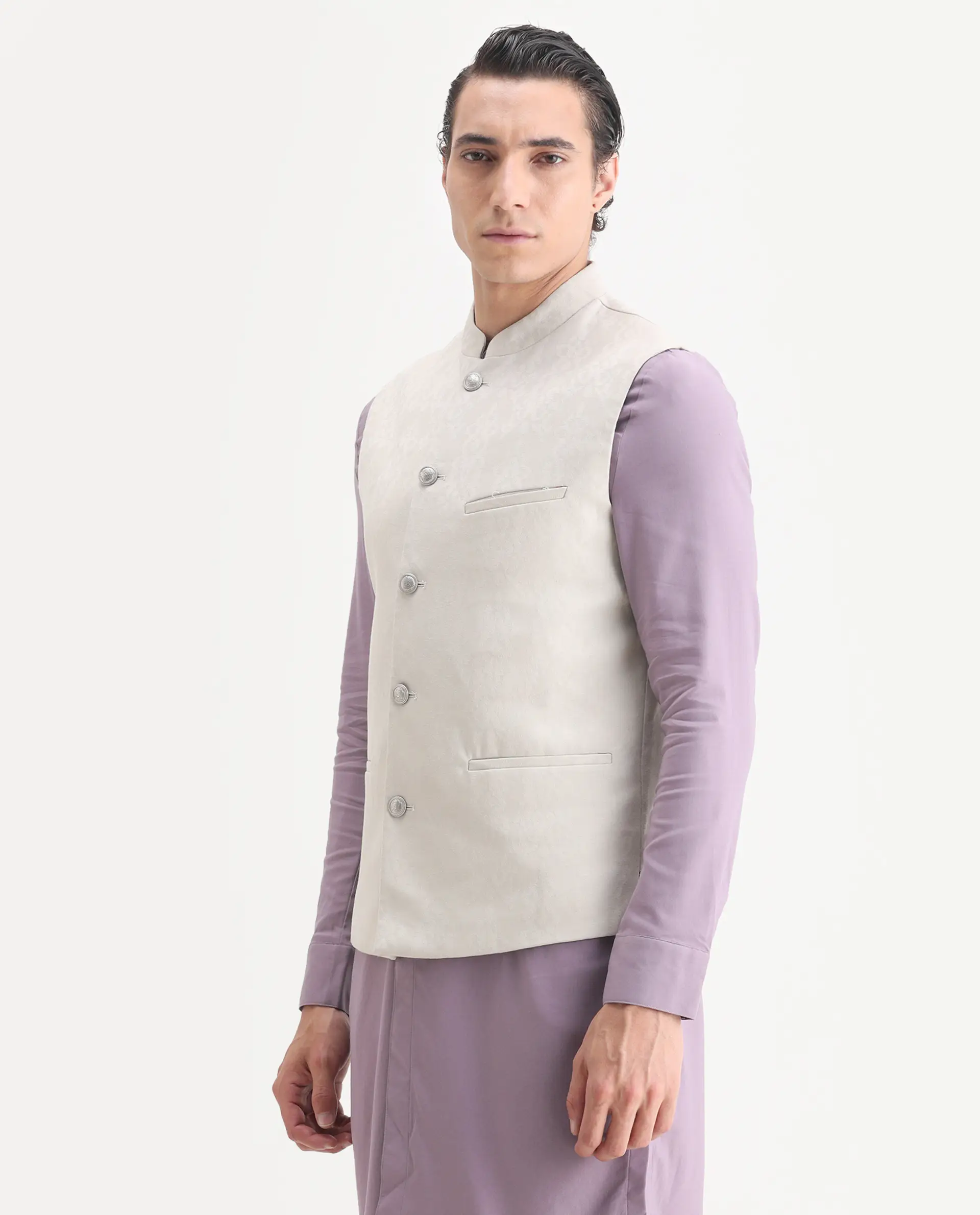 Rare Rabbit Men's Corti Beige Polyester Jacquard Tailored Fit Sleeveless Mandarin Collar Bandhgala - Image 5