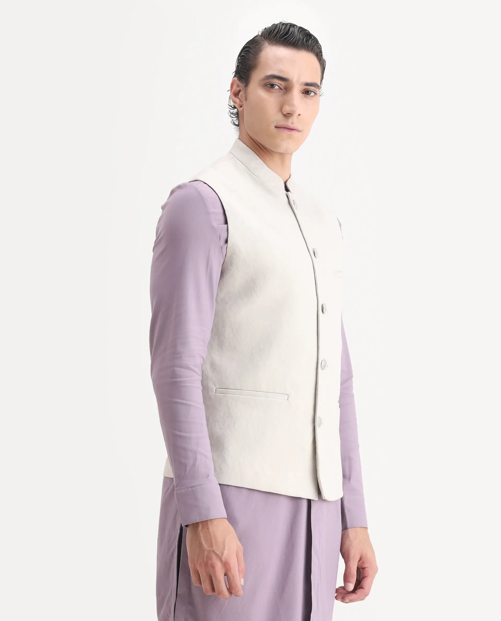 Rare Rabbit Men's Corti Beige Polyester Jacquard Tailored Fit Sleeveless Mandarin Collar Bandhgala - Image 6