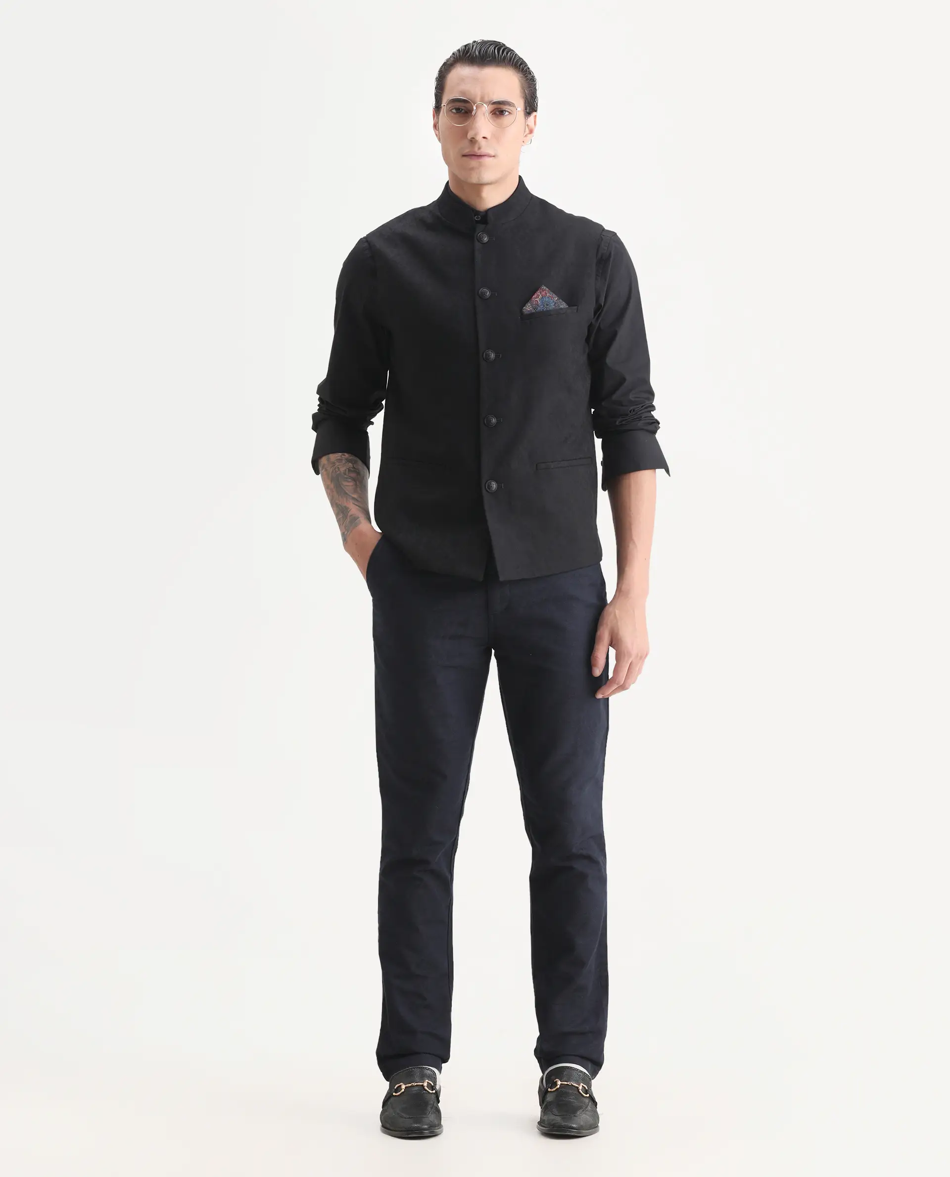 Rare Rabbit Men's Corti Black Polyester Jacquard Tailored Fit Sleeveless Mandarin Collar Bandhgala - Image 2