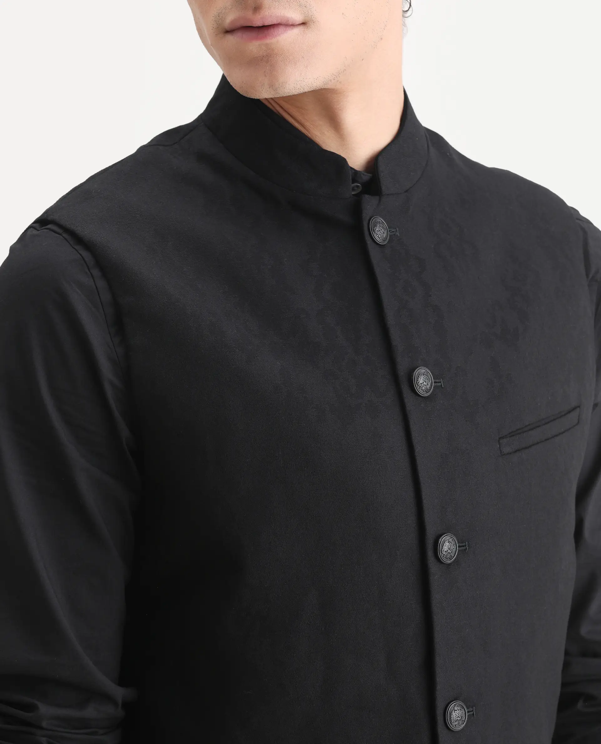 Rare Rabbit Men's Corti Black Polyester Jacquard Tailored Fit Sleeveless Mandarin Collar Bandhgala - Image 3