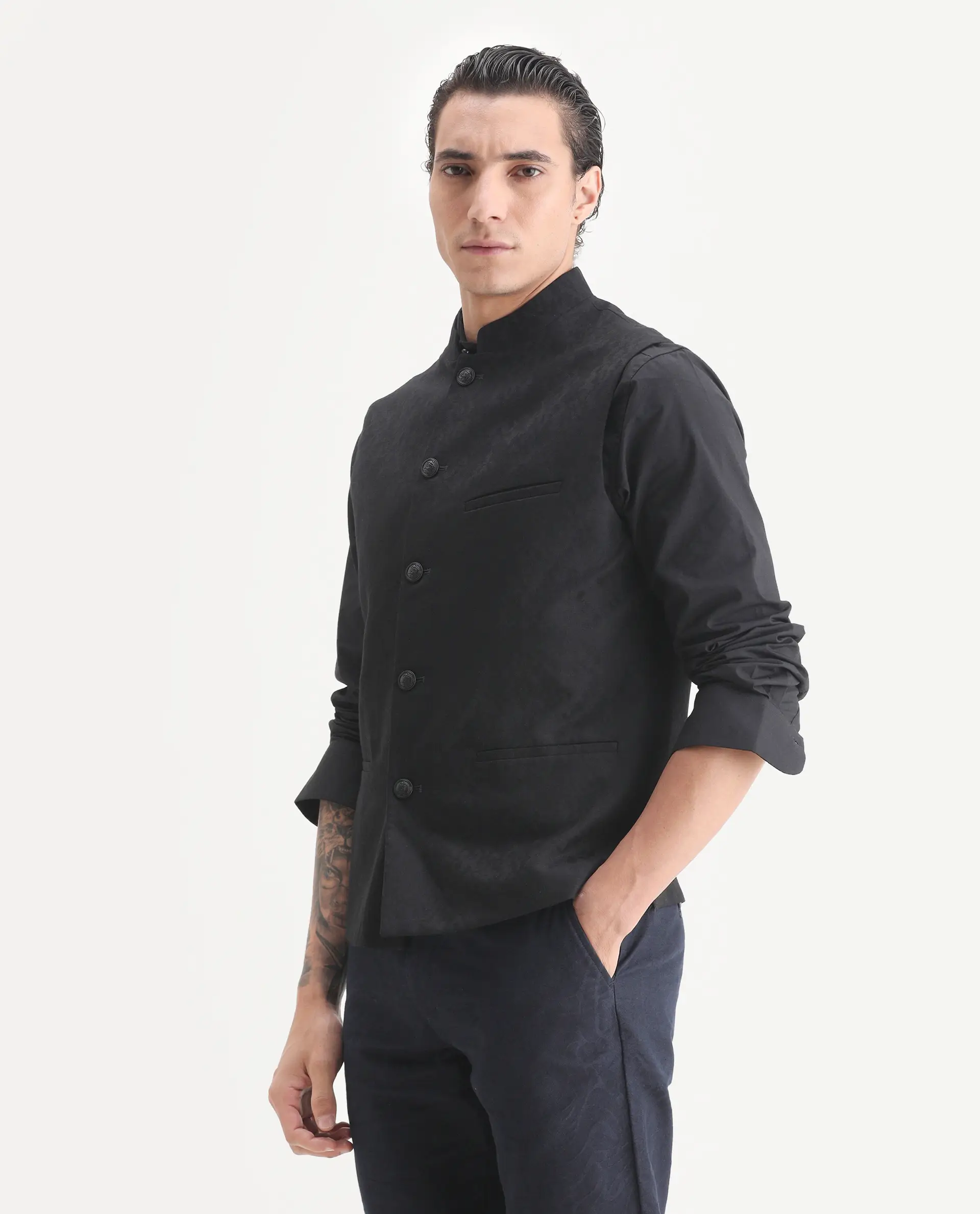Rare Rabbit Men's Corti Black Polyester Jacquard Tailored Fit Sleeveless Mandarin Collar Bandhgala - Image 4